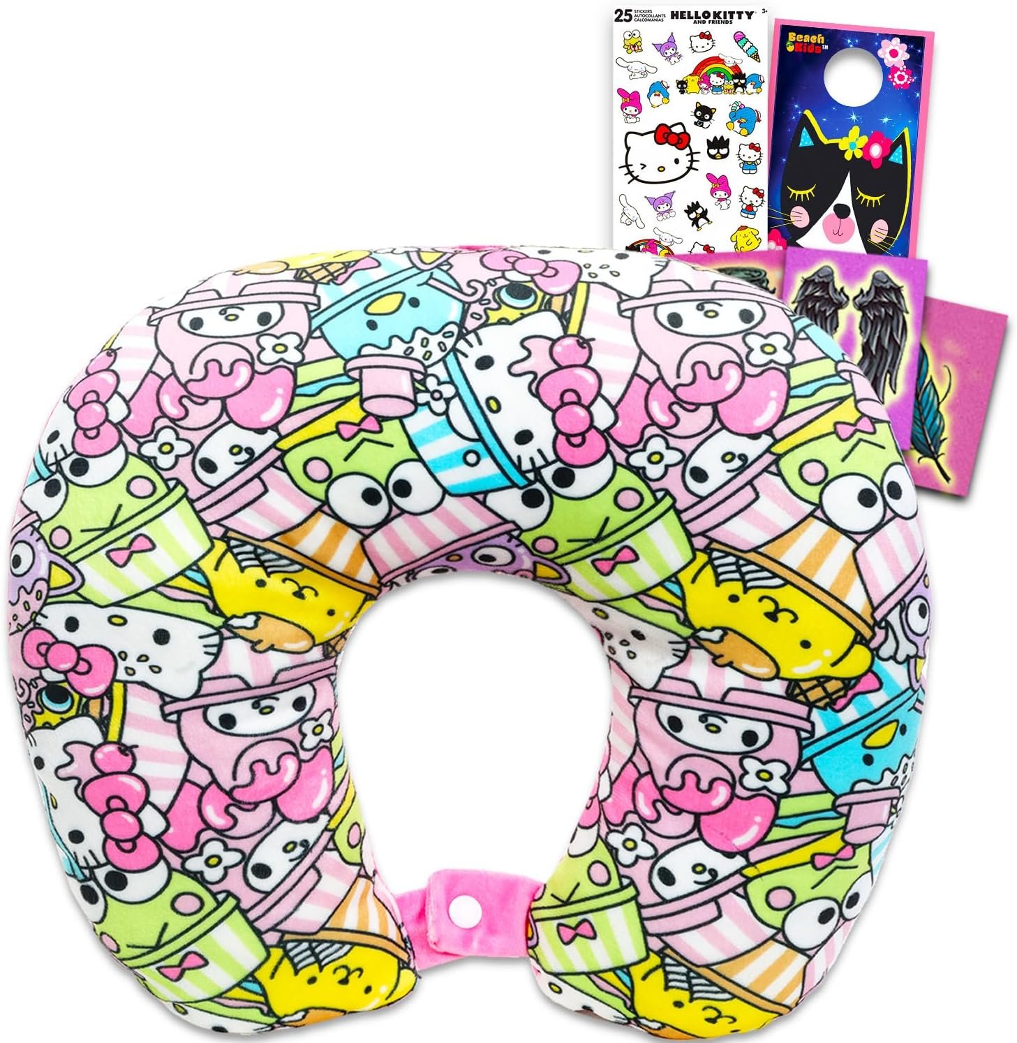 Hello Kitty and Friends Travel Neck Pillow for Kids – Bundle with 13″ Kawaii Sanrio Boba Style Neck Pillow, Tattoos, Stickers, More | Hello Kitty and My Melody Travel Accessories for Girls