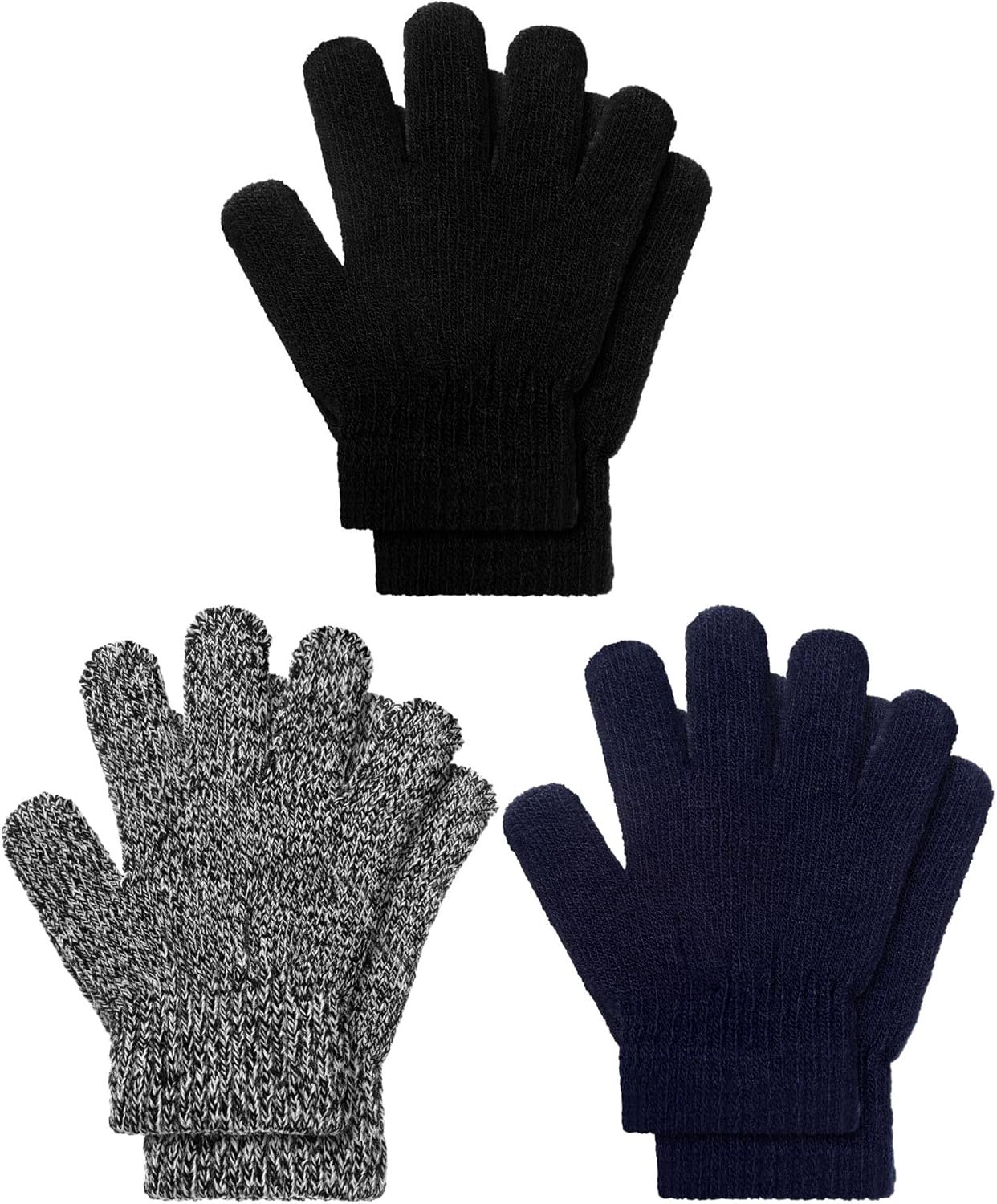 EBOOT 3 Pairs Winter Knit Gloves for Kids Stretchy Full Finger Fluffy Mittens for Toddler Boys Girls 1-11 Years