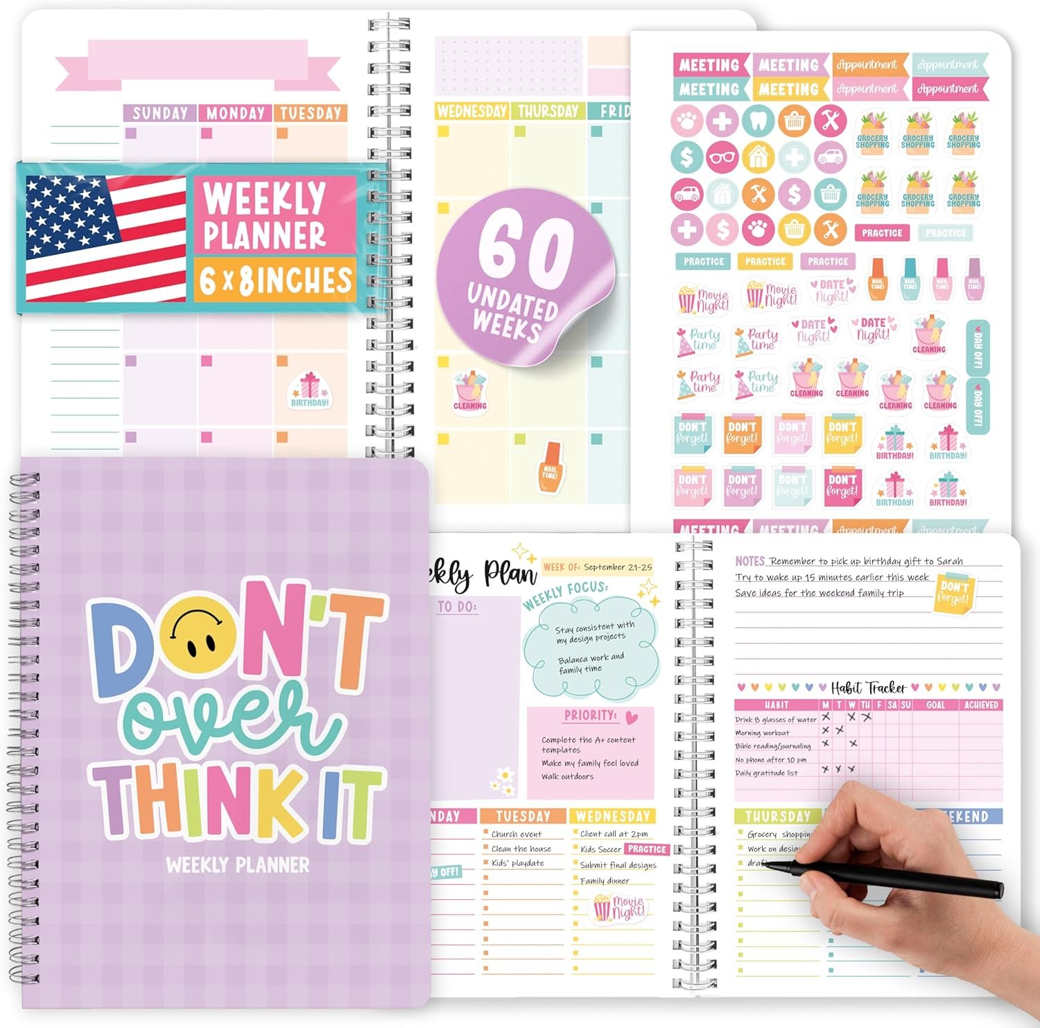 Undated Planner Weekly and Monthly – Spiral Undated Weekly Planner for Kids & Adults, Week Planners Habit Tracker, Goal Planners Notebook for Work, Agenda Planning Notebook