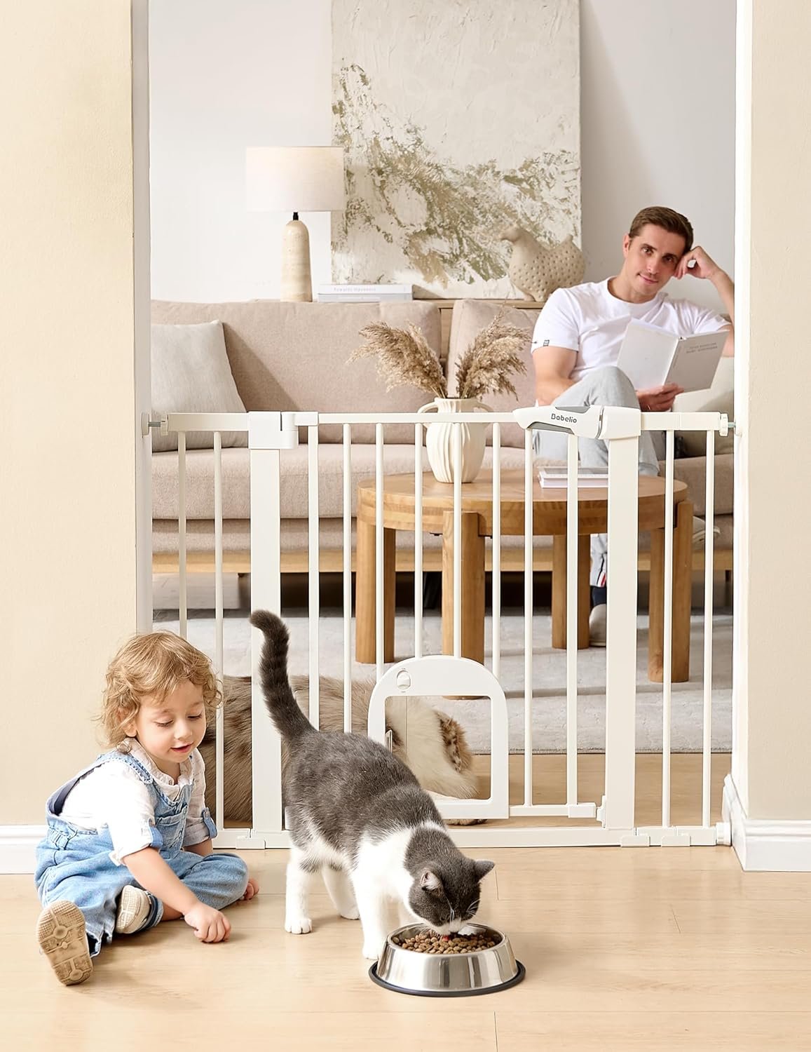 Babelio Baby Gate with Adjustable Cat Door,29-43″ Auto Close Durable Pet door for Stairs,Doorways and House,Pressure Mounted,Easy Install,Effortless Walk Thru,White
