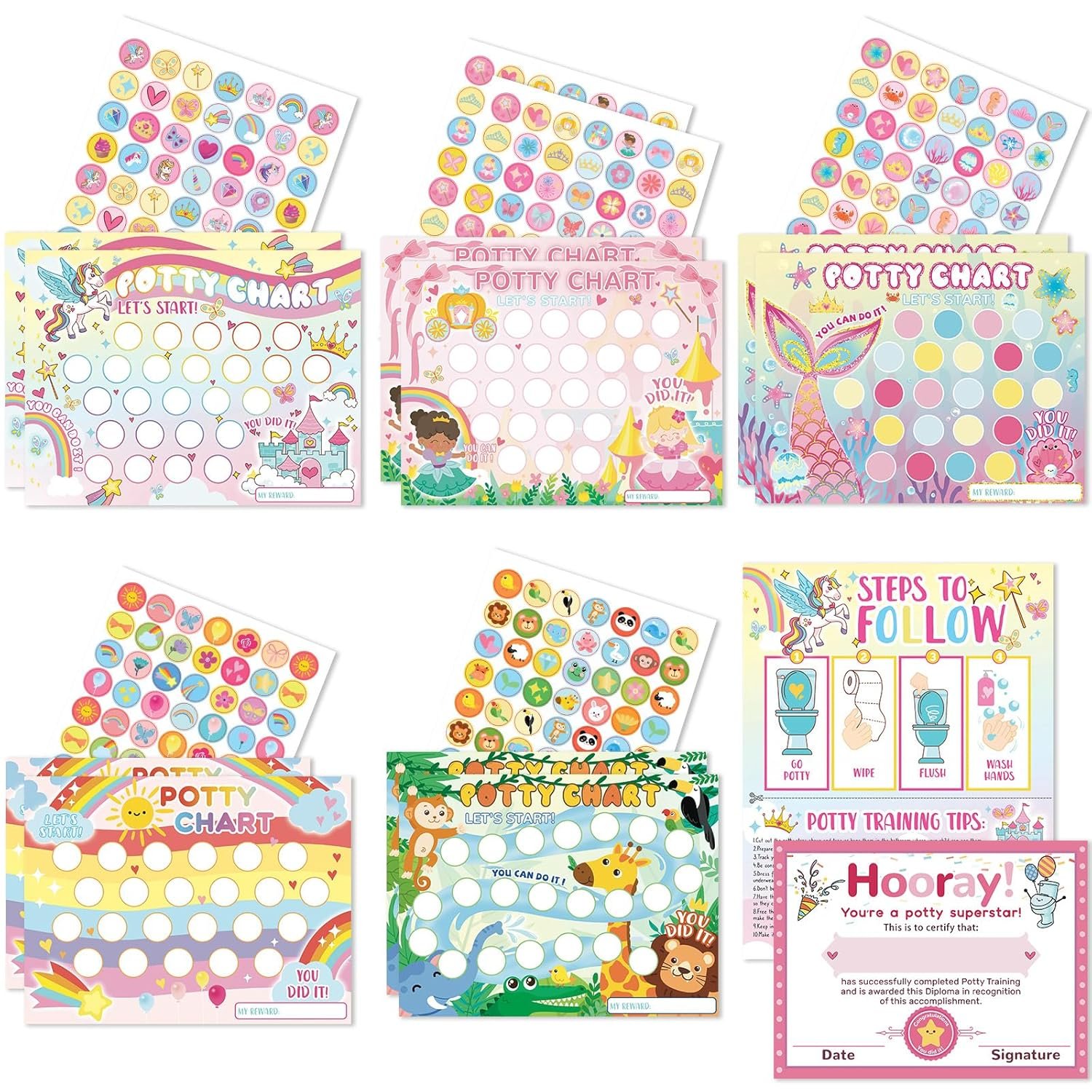 Potty Training Chart for Toddlers Girls with Fun Reward Stickers – 18 PCS Potty Training Sticker Chart – 5 Fun Styles Potty Chart for Kids – Potty Chart Develop Toileting Habit for Toddlers Girls