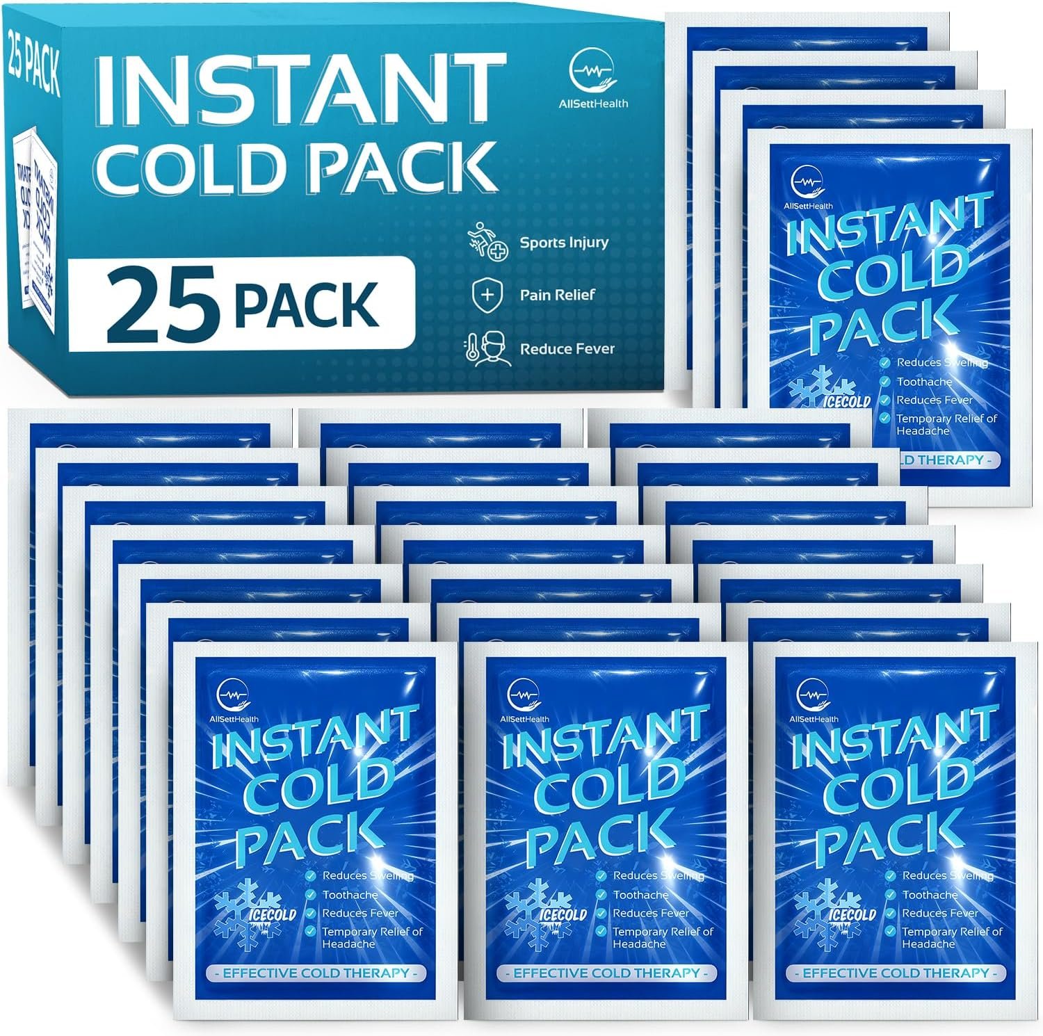 25 Pack Instant Ice Cold Pack (6” x 4.5”) – Disposable Instant Ice Packs for Injuries | Cold Compress Ice Pack for Pain Relief