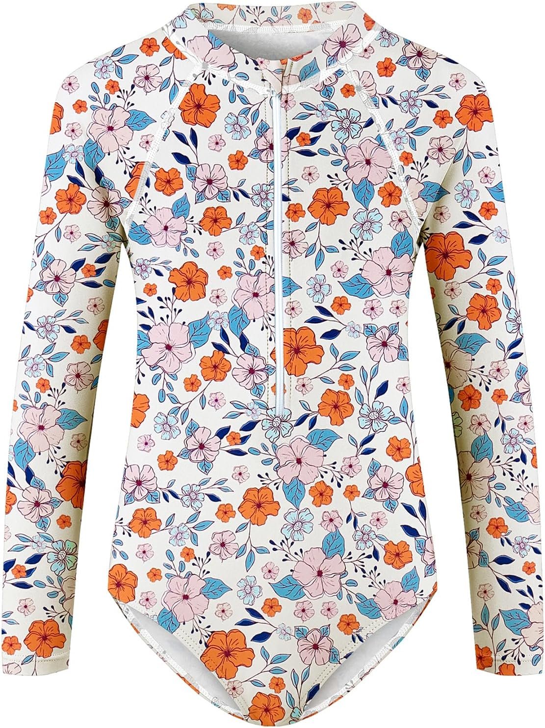 Zando UPF50+ Girls Long Sleeve One Piece Swimsuit with Zipper – Rash Guard for Teens Toddler Kids 2-15 Years