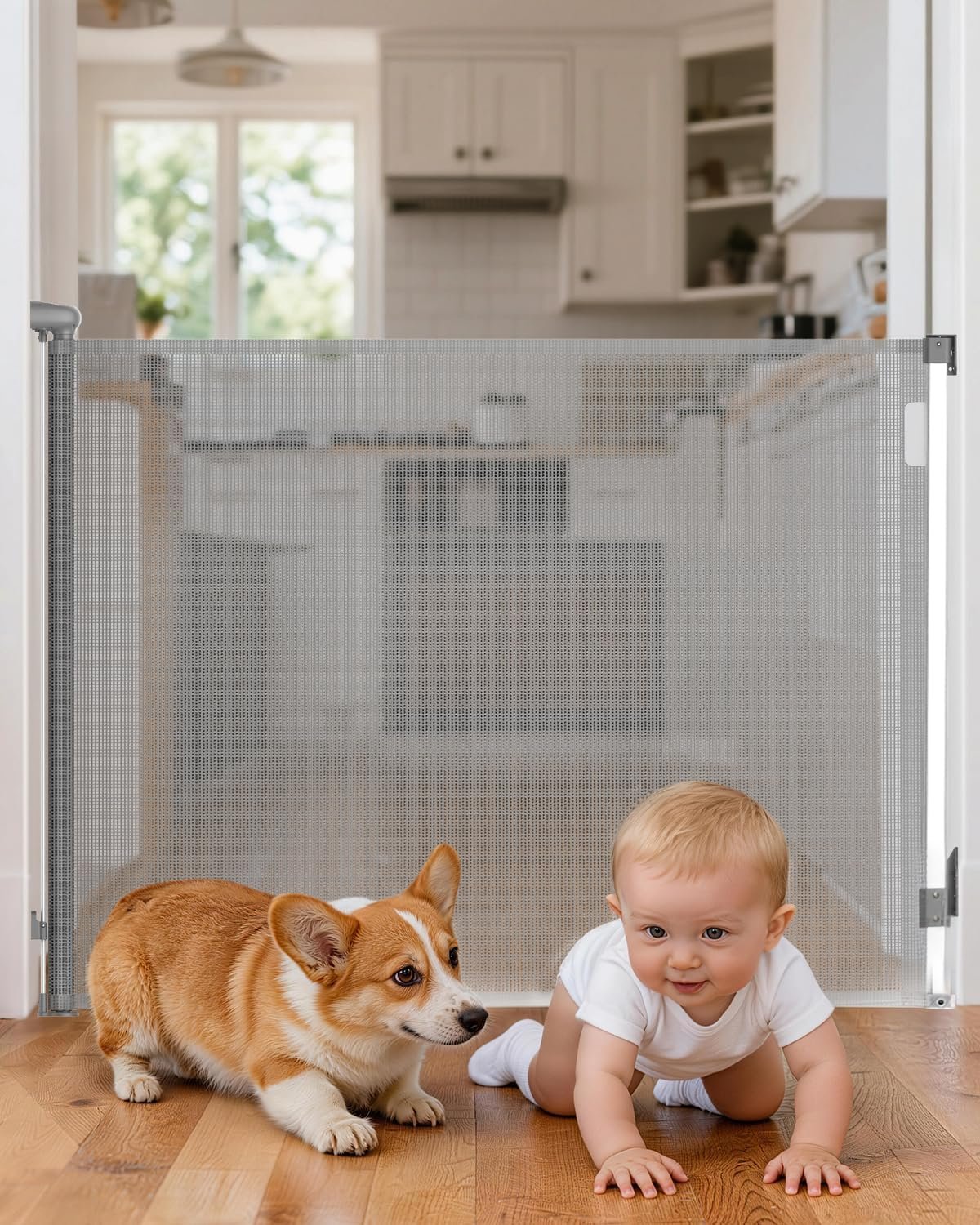 Retractable Baby Gate for Stairs, 55″ Wide 38″ High Pet Gate with Auto-Retract System, One-Hand Operation, Mesh Baby Gate for Doorways, Hallways, Decks, Indoor & Outdoor, Gray
