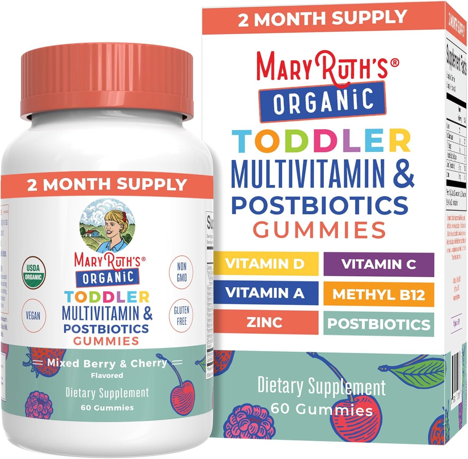 MARYRUTH’S Organics Toddler Multivitamin Gummies + Postbiotics | USDA Organic | Vitamins for Kids Ages 2+ | Immune Support | Vitamin C | Vitamin D3 | Vitamin A | Zinc | Vegan | Non-GMO | 60 Servings