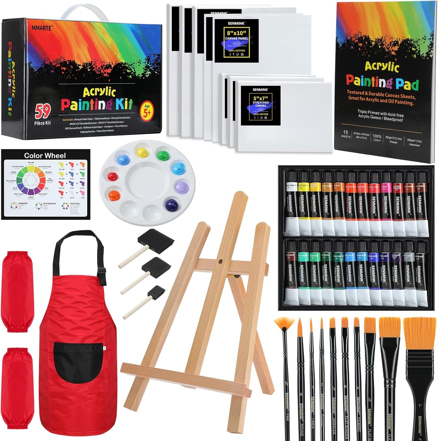 59pcs Acrylic Paint Set – Art Supplies Kit with 24 Non-Toxic Paints, Easel, Brushes, Canvas for Kids, Artists and Beginners, Red
