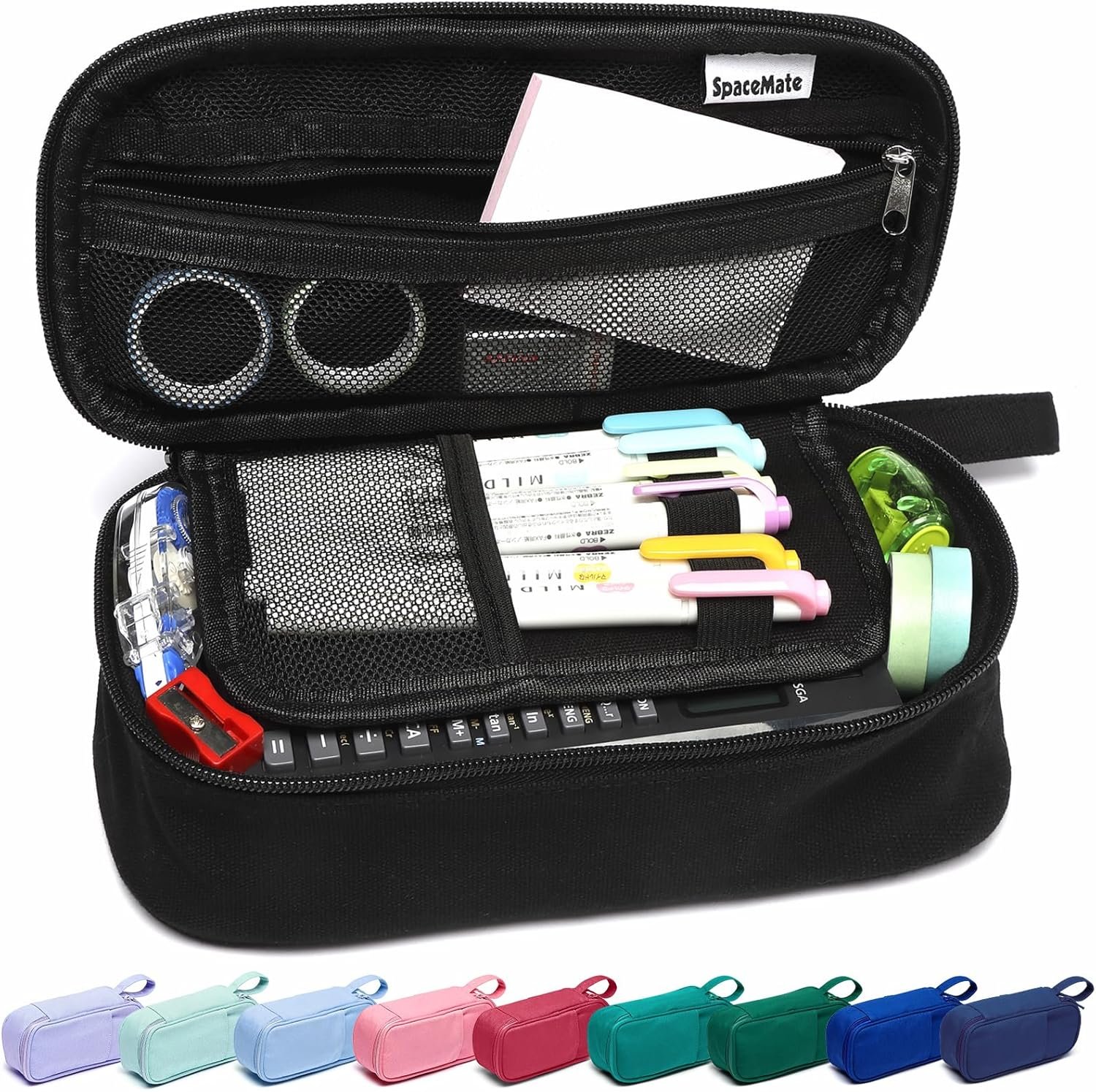 SPACEMATE Pencil Case Pouch Box Bag School Supplies Girls Boys Kids, Cute Preppy Stuff Large Big Capacity Aesthetic Pen Organizer, Back to College Stationary, Coal Black, Heavy Duty Canvas, 1800ml