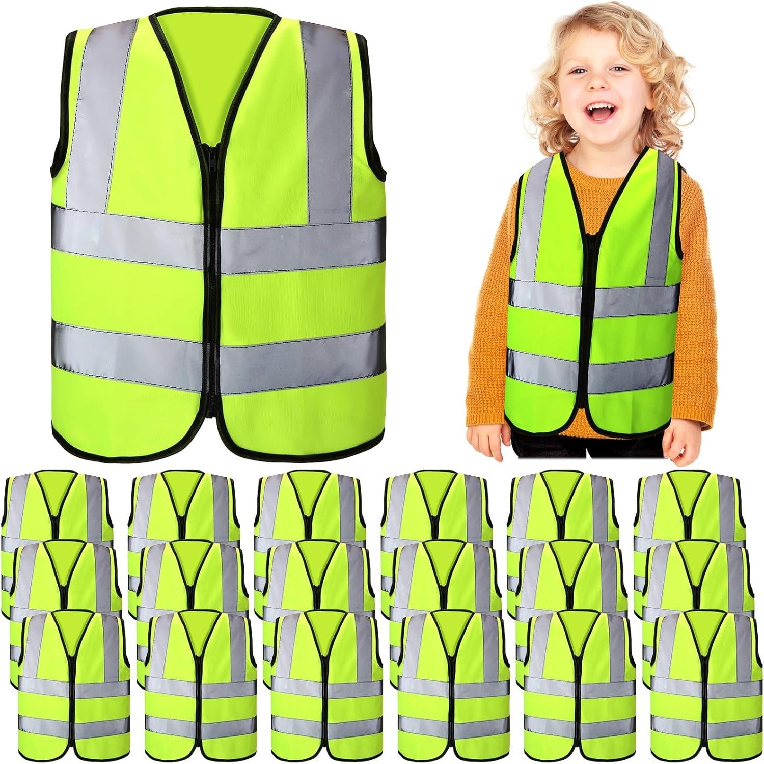 Unittype High Visibility Kids Safety Vest Bulk Kids Reflective Safety Vest Neon Traffic Vests with Zipper for Aged 3-10 Child