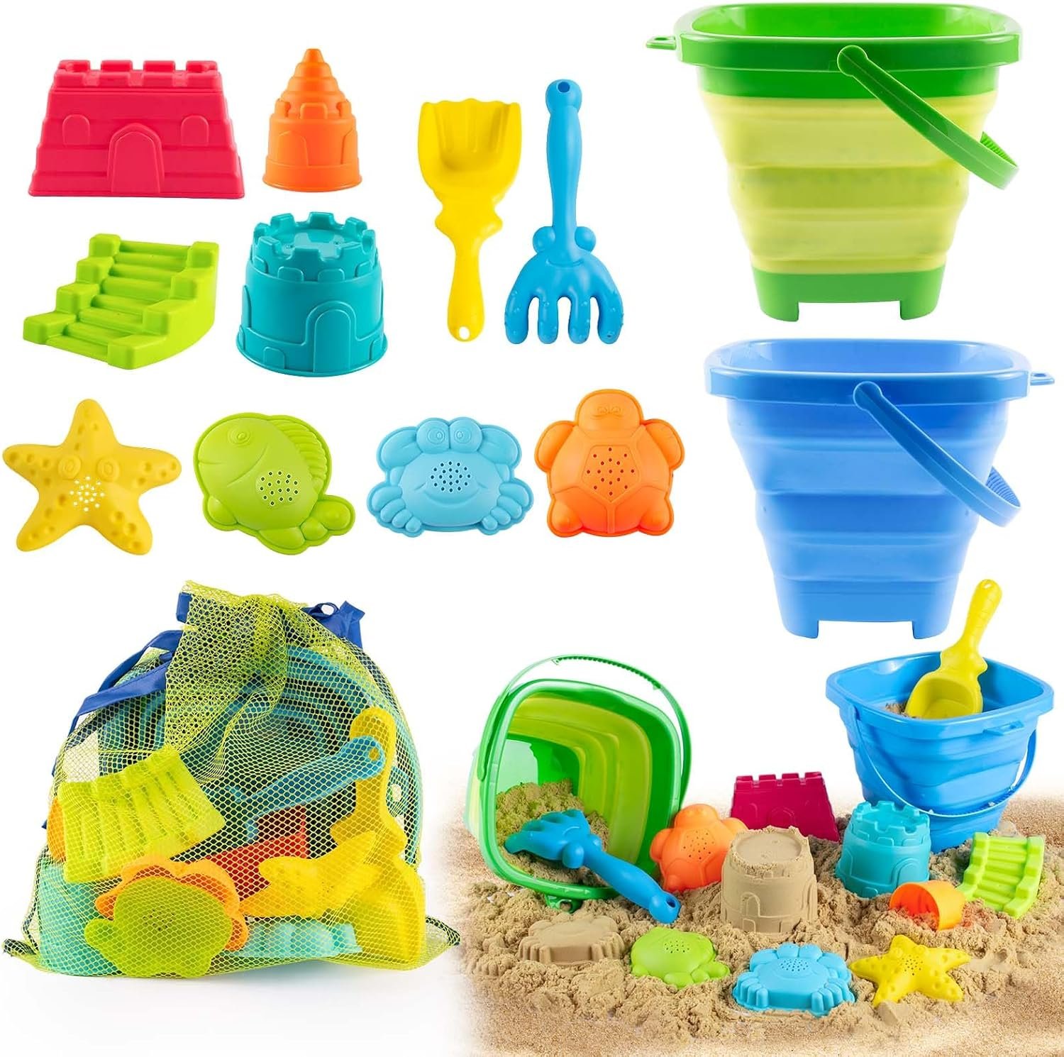 Collapsible Beach Toys Set for Kids,Sand Bucket Shovel, Rake, Mesh Bag 4 Molds & Castle Building Set for Beach Travel,Sandbox Toys, Foldable Beach Essentials for Toddlers 3-10(Blue&Green)