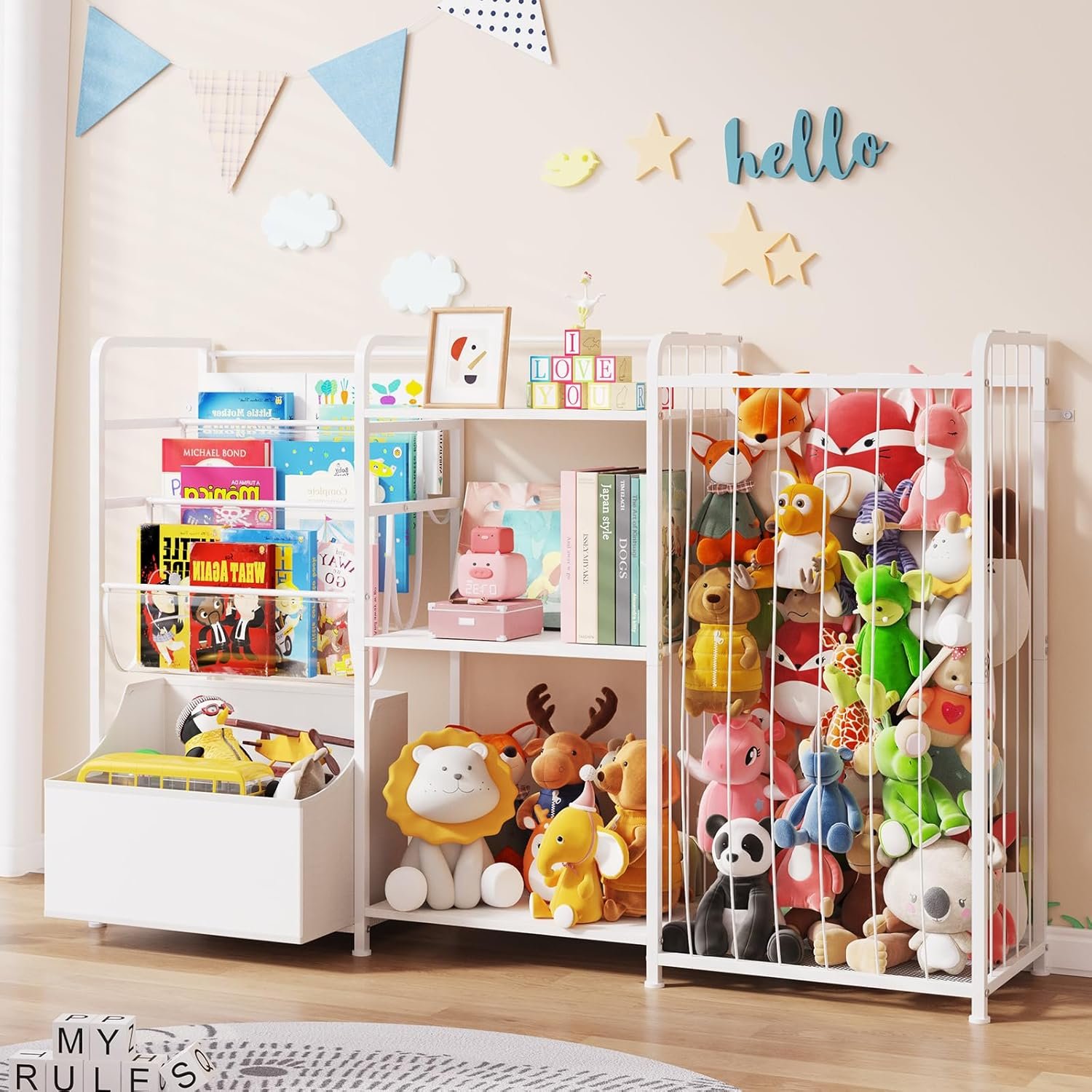 BBLIKE 3in1 Stuffed Animal Storage Organizer – Toy Storage with Kids Bookshelf & Large Plushies Holder for Kids Room – Multi-Functional Furniture for Nursery, Bedroom, and Playroom, White