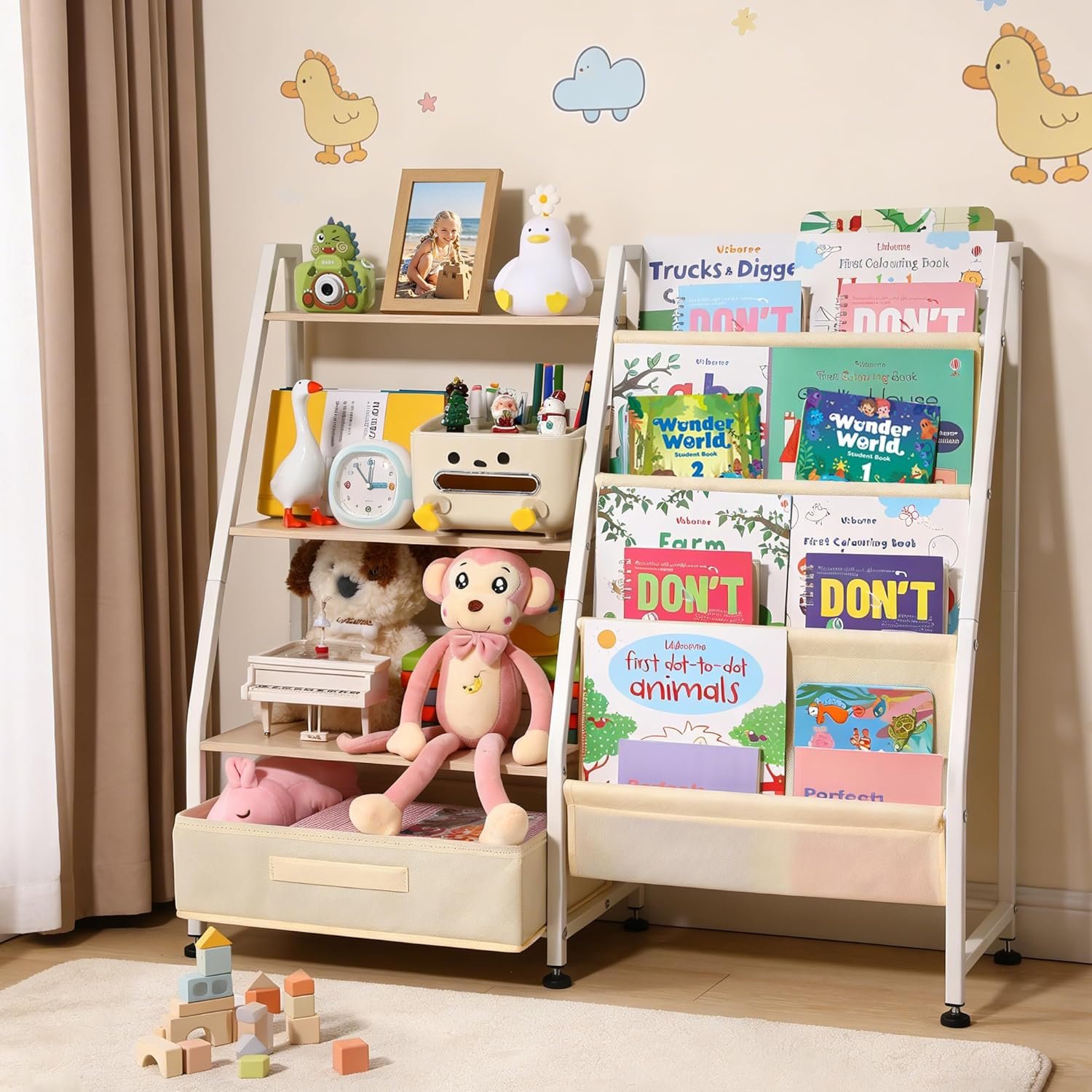 Kids Bookshelf and Toy Storage-Book Shelf for Kids Rooms，Toddler Bookshelf Baby Bookcase with 4 Sling Shelves & Fabric Toy Chest Toy Organizer for Playrooms, Bedrooms, Nursery