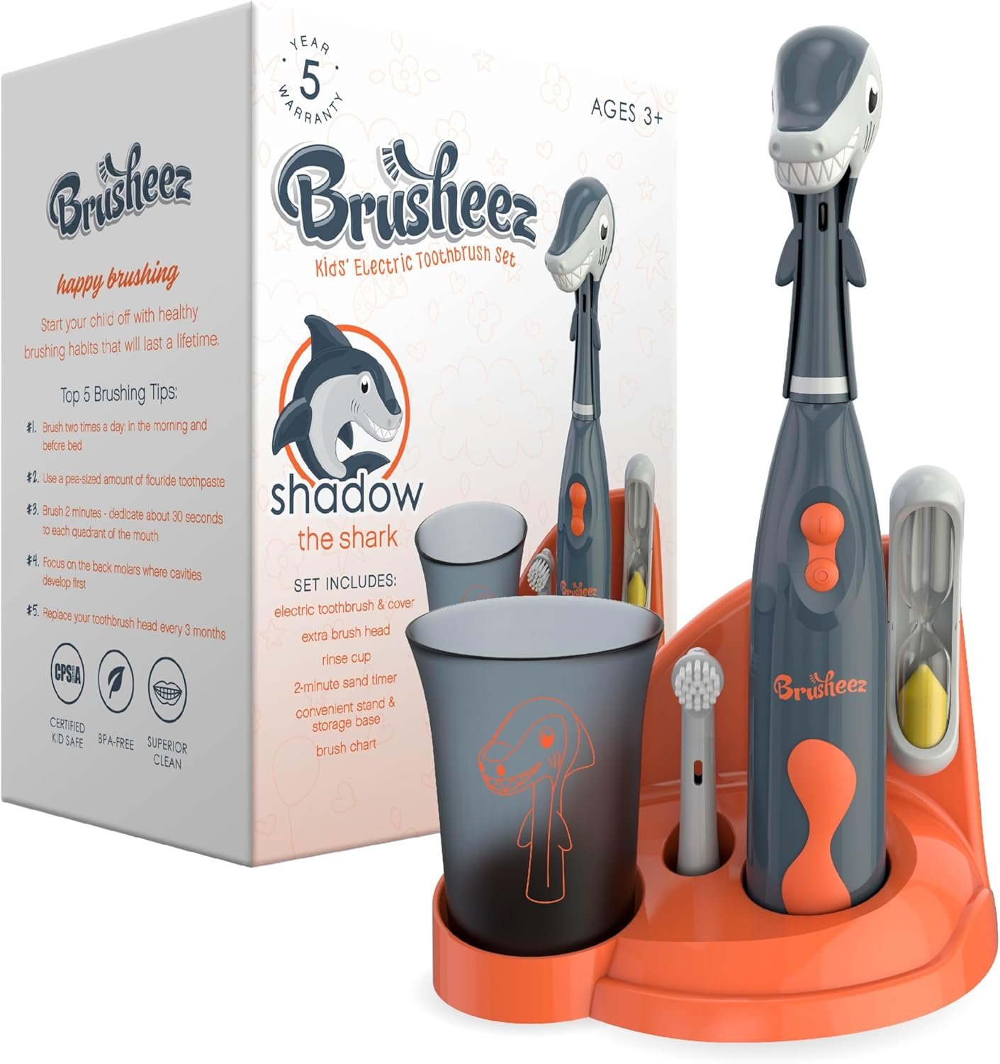 Brusheez Kids’ Electric Toothbrush Set – Safe & Effective for Ages 3+ – Parent Tested & Approved with Gentle Bristles, 2 Brush Heads, Rinse Cup, 2-Minute Timer, & Storage Base (Shadow the Shark)