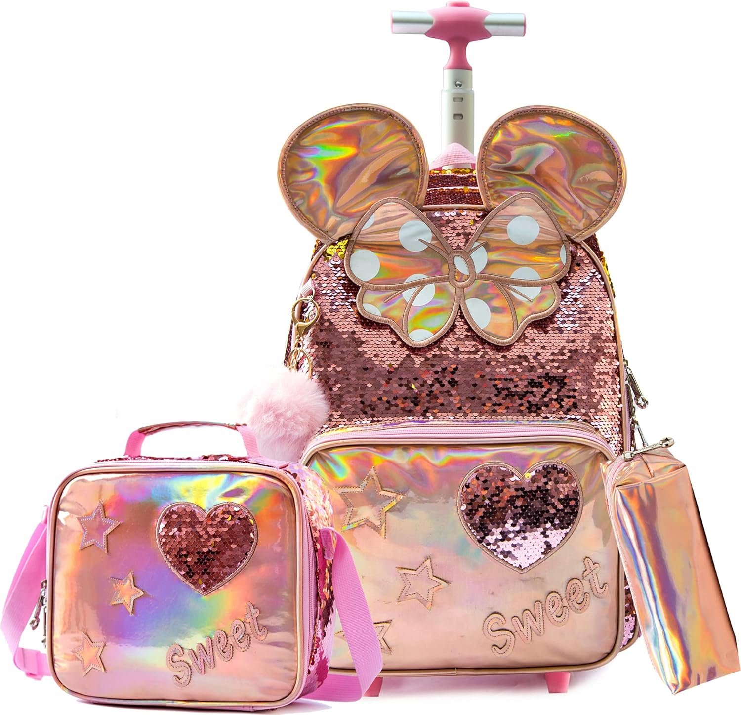 Meetbelify Rolling Backpack for Girls School Backpack with Lunch Box for Elementary Student Wheels Roller Trolley Luggage