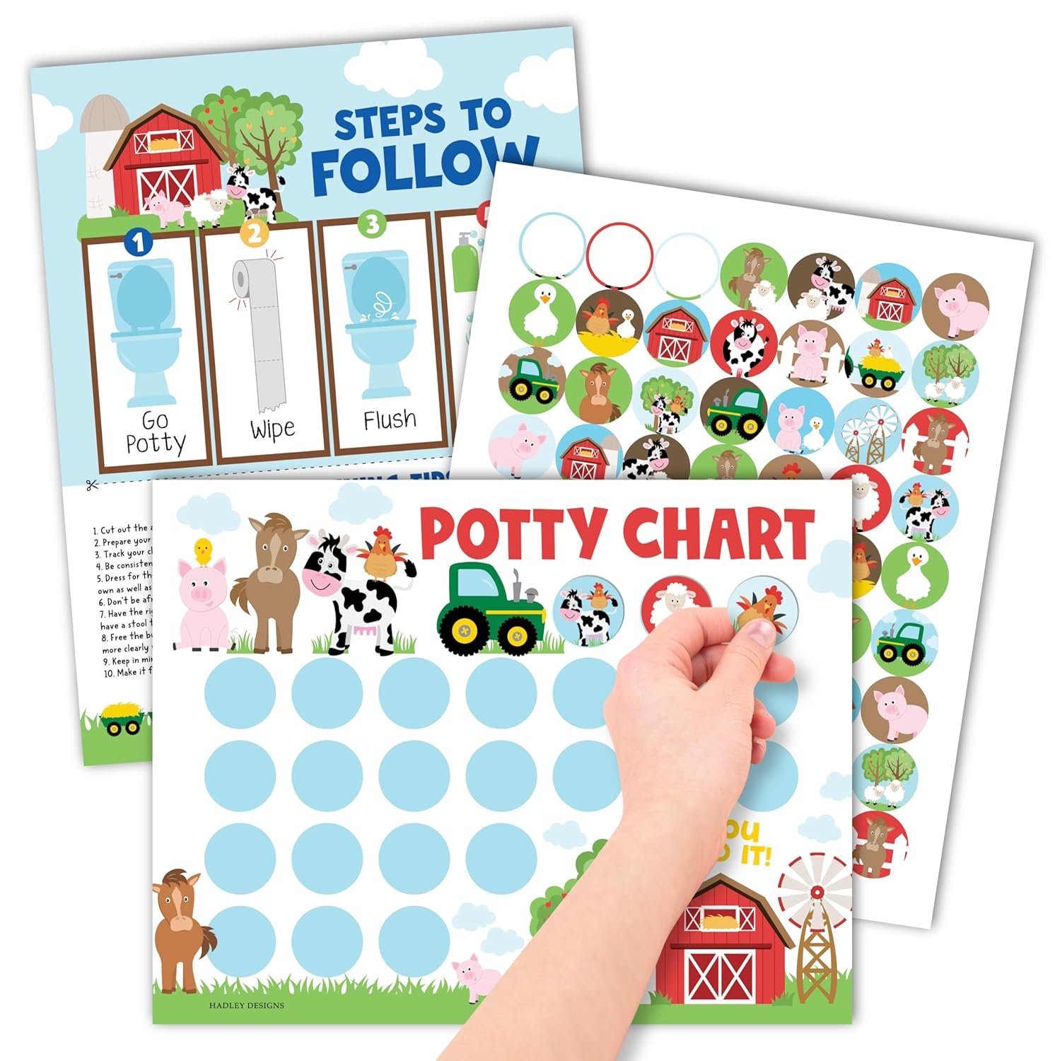 Hadley Designs Potty Training Chart for Toddlers Boys -10 Sticker Potty Chart for Toddlers Girls, 8.5×11 Potty Training Sticker Charts for Toilet Success, Farm Animals Toddler Reward Chart for Kids