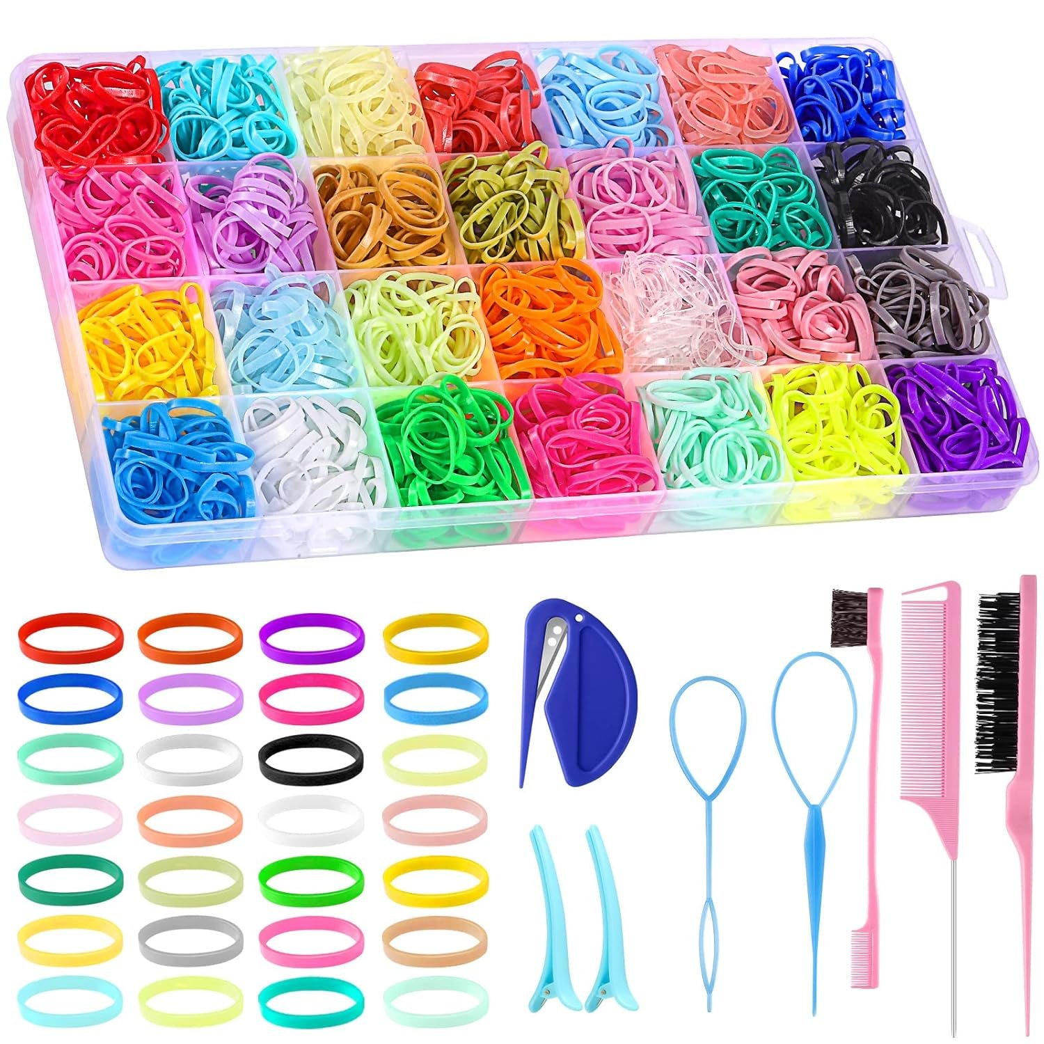 BESARME 28 Colors Rubber Bands for Hair with 8 Styling Tools, 1500 Pcs Hair Elastics Baby Toddler Small Hairs Ties for Girls Hairs Accessories for Women