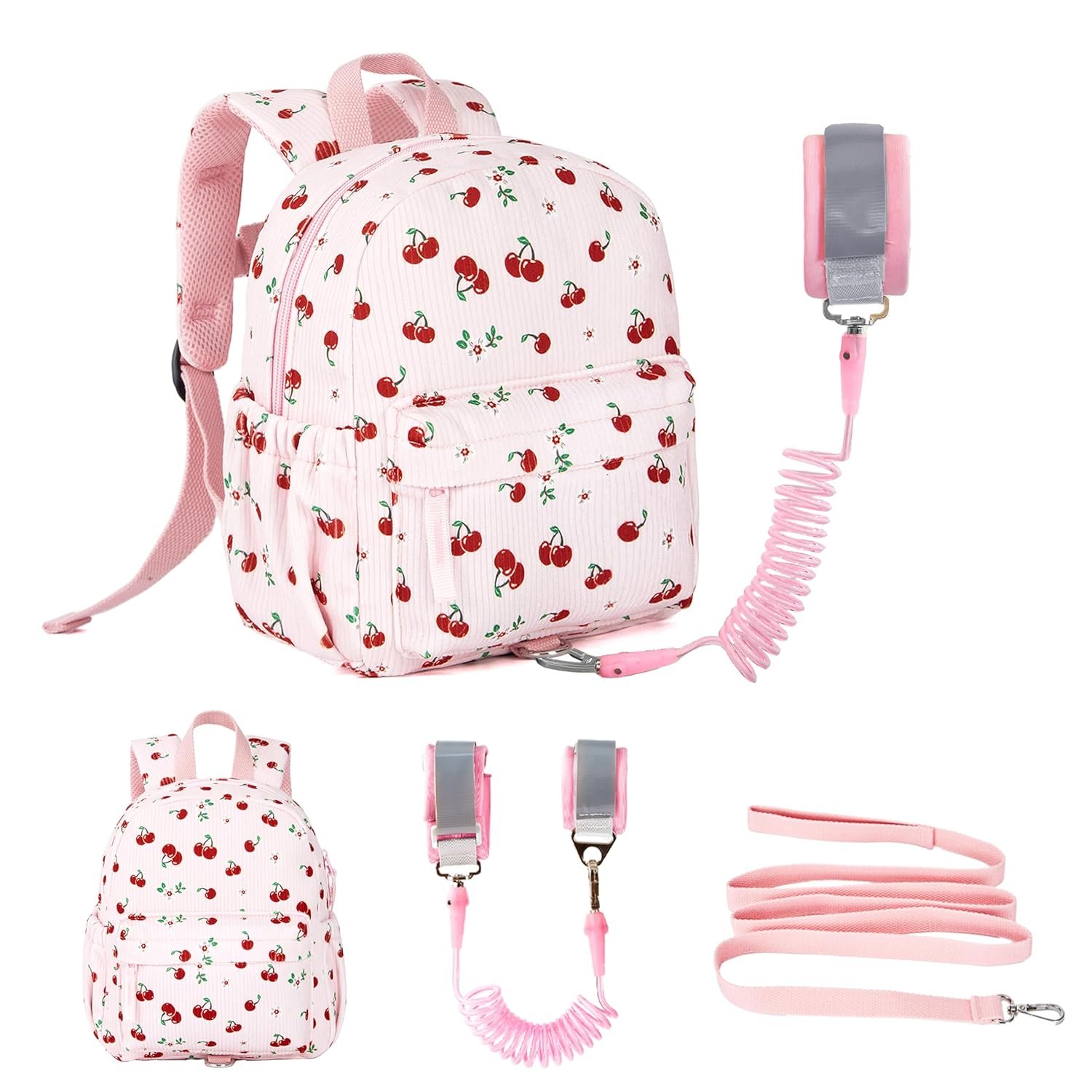 Corduroy Toddler Backpack with Detachable Leash and Anti-Lost Wrist Link, Safety Harness Walking Backpack for Toddler Boys Girls 1-3, Cute Cherry Travel Backpack with Leash for Kids