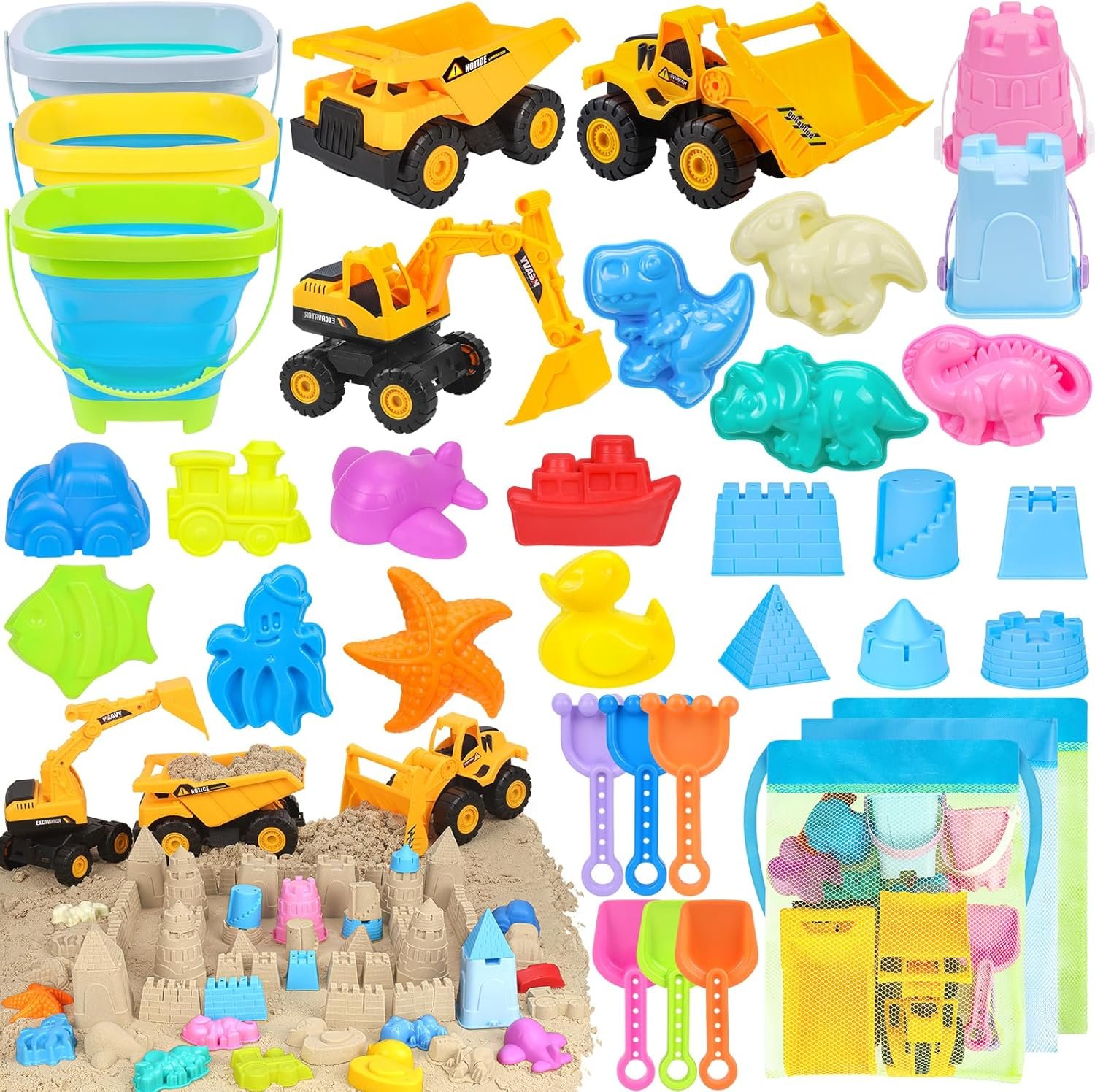 FHOZGECY Beach Toys, Sand Toys for Kids Boys and Girls with 3 Construction Vehicles, 3 Collapsible Bucket, Sand Castle Building Kit, Sand Molds, Mesh Bag, Outdoor Toys for Kids Ages 4-8