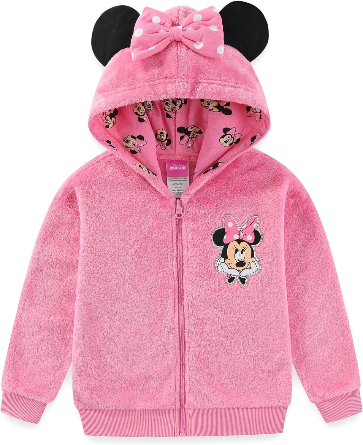 Disney Minnie Mouse Girls Zip Up Coral Fleece Hoodie with Bow and Ears for Toddler and Big Kids