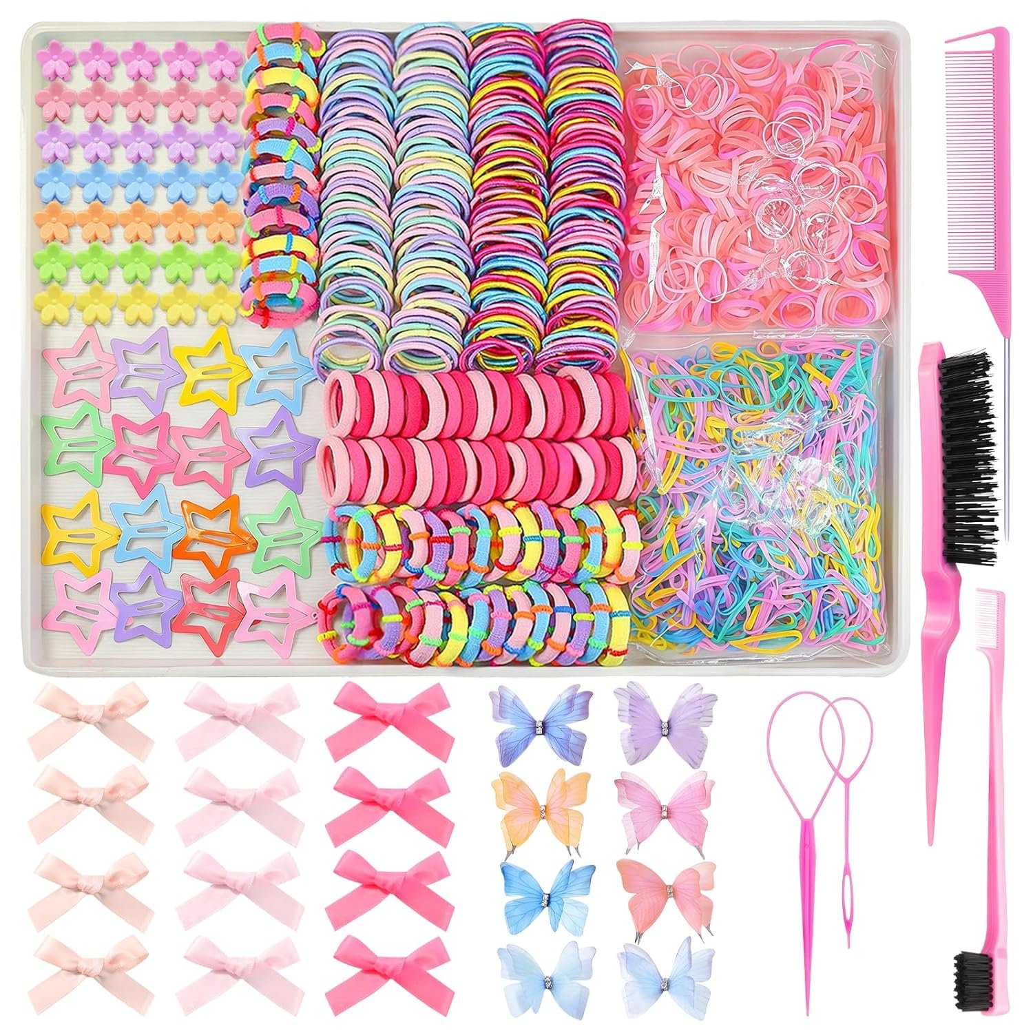 900 pcs Colorful Hair Ties for Girls Multi-color Hair Accessories for Girls Toddler Hair Ties with Hair Tail Tools and Cute Hair Clips