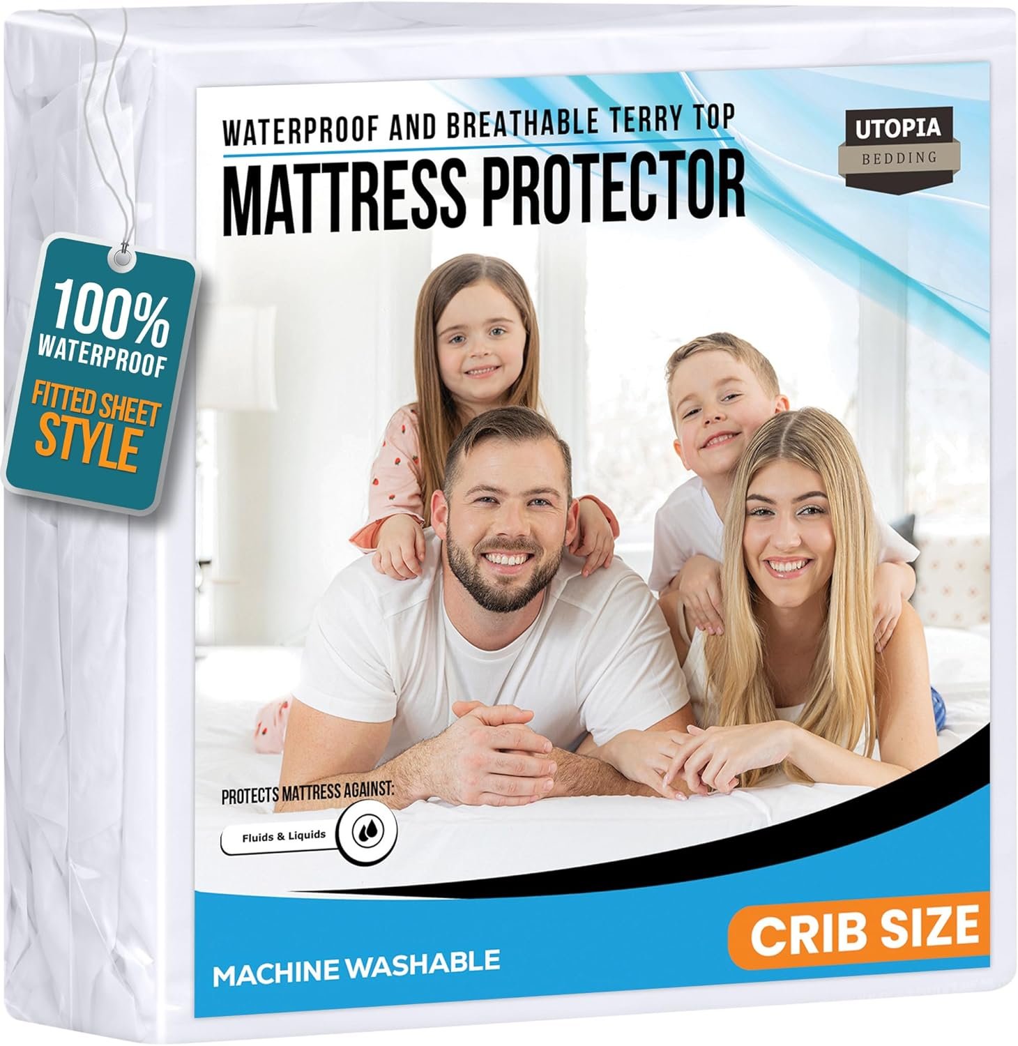 Crib Size Mattress Protector Waterproof, Premium 200 GSM Terry Mattress Cover, Soft & Breathable Bed Cover, Fitted Sheet Style Stretchable Deep Pockets 5″ by Utopia Bedding (White)