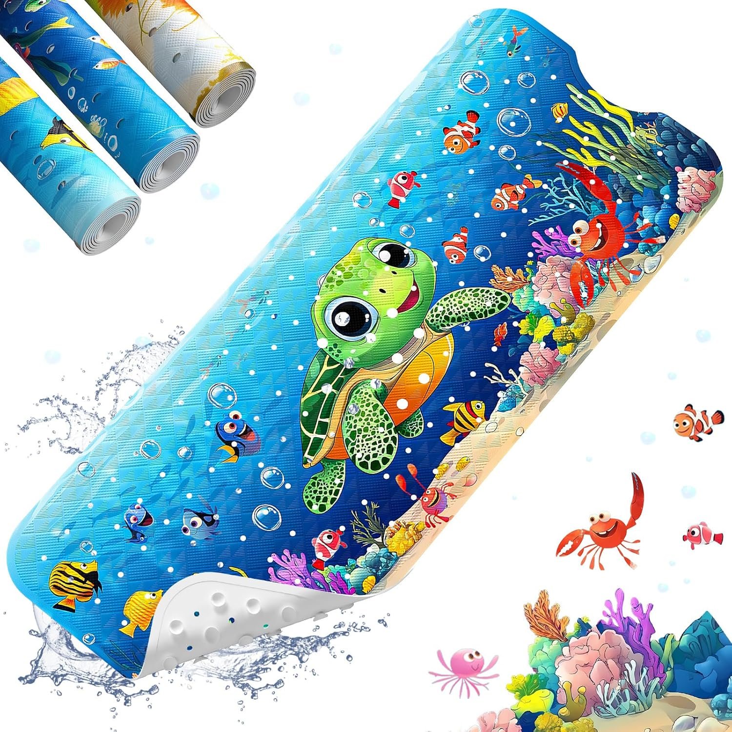 XIYUNTE Baby Bath Mat for Tub Non Slip Kids Bath Mat – 40”x16” Extra Long Cartoon Turtle Baby Bath Tub Mat Eco-Friendly Toddler Bath Mats with Suction Cups & Drain Holes, Easy to Clean & Easy Drying