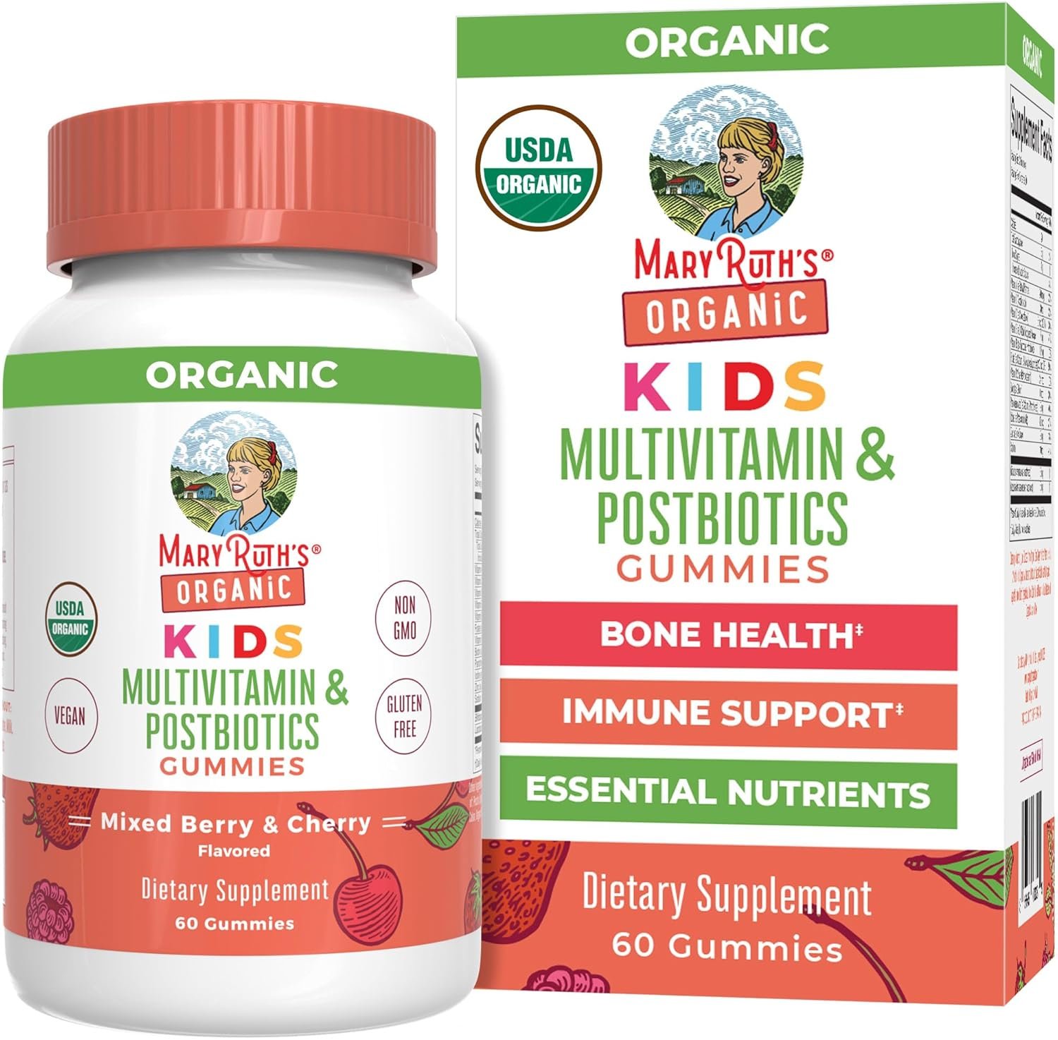 MARYRUTH’S Kids Vitamins USDA Organic | Multivitamin Gummies + Postbiotics for Ages 4+ | Multivitamin for Kids with Lactobacillus Rhamnosus | Children’s Vitamins | Vegan | Non-GMO | 60 Count