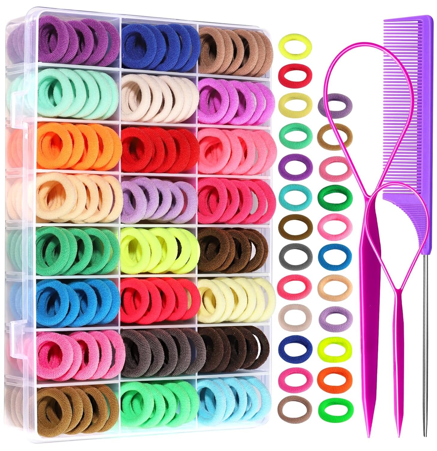 YGDZ 280 PCS Cotton 24 Colors Hair Ties Set with Organizer Box – Seamless Soft Mini Elastics Ponytail Holders and Hair Accessories for Toddlers, Girls, Kids