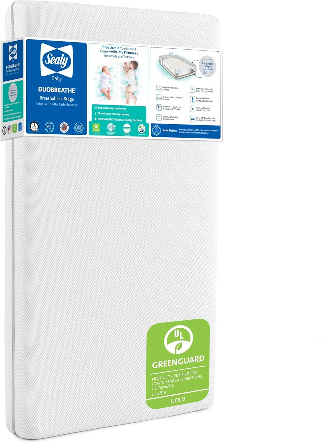 Sealy Baby DuoBreathe 2 Stage Breathable Crib Mattress, GREENGUARD Gold Certified, Made in USA, Waterproof, Premium Dual Firmness and Hypoallergenic, Toddler Bed Fit, 52×28