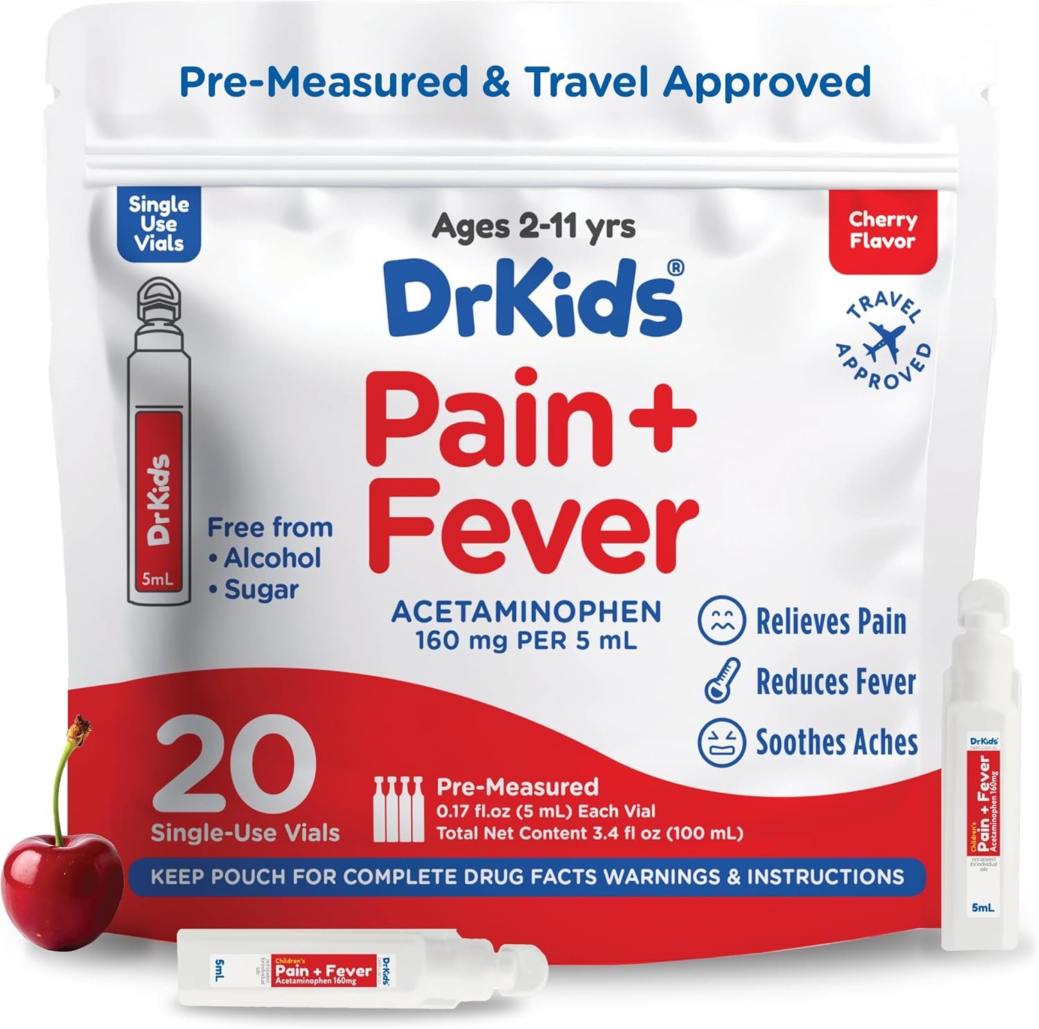 Dr. Kids Children’s Pain and Fever Medicine – Acetaminophen for Kids Ages 2-11, Pre-Measured Single-Use Vials for Headache, Sore Throat, Cold and Flu, Cherry Flavor, 20 Count