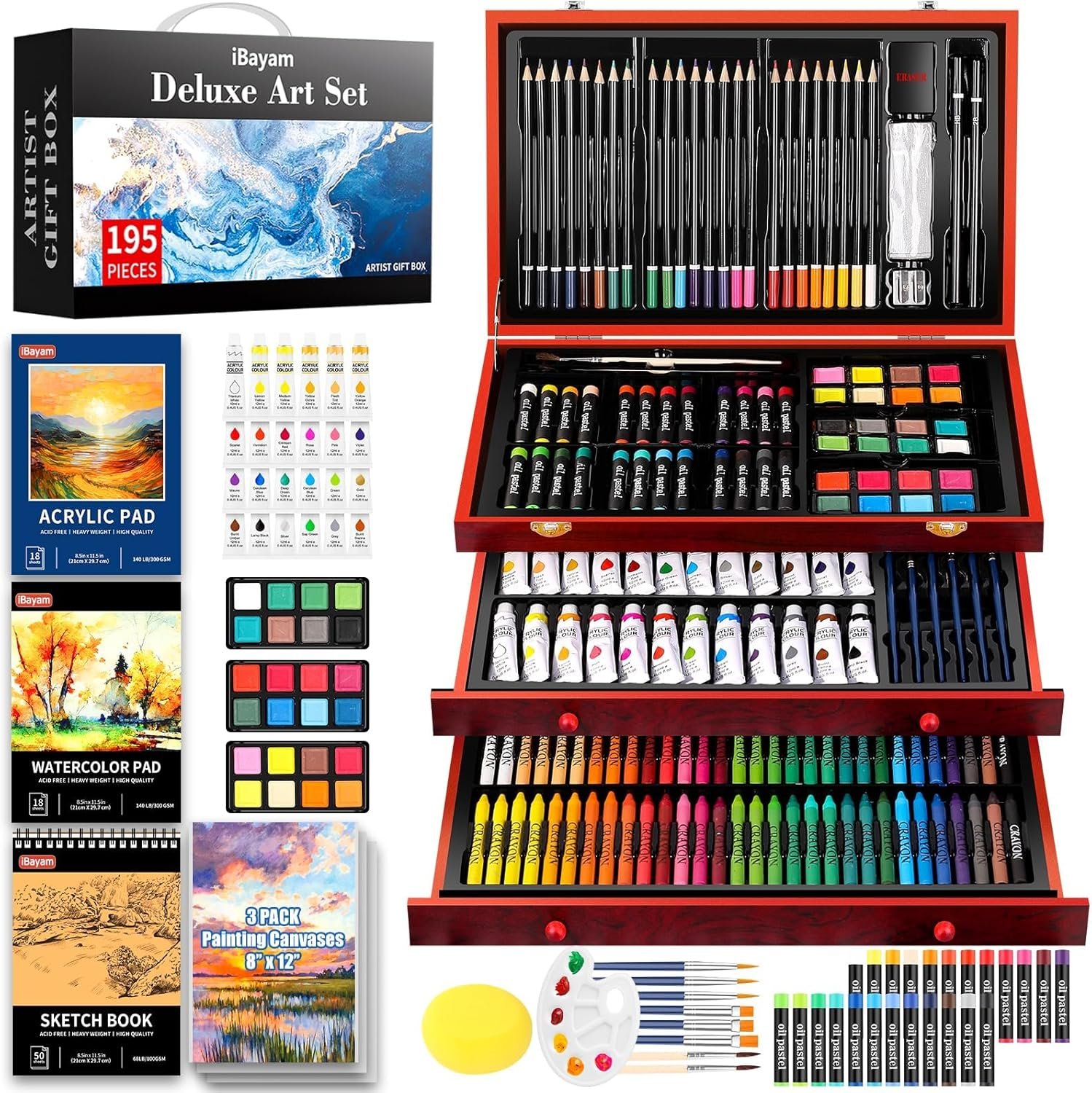 iBayam Art Supplies, 195 Pack Art Set Drawing Kit for Adult, Arts and Crafts Painting Kit, Art Kits Paint Set with Acrylic Pad, Sketchbooks, Watercolor Pad, Canvases, Gift Box