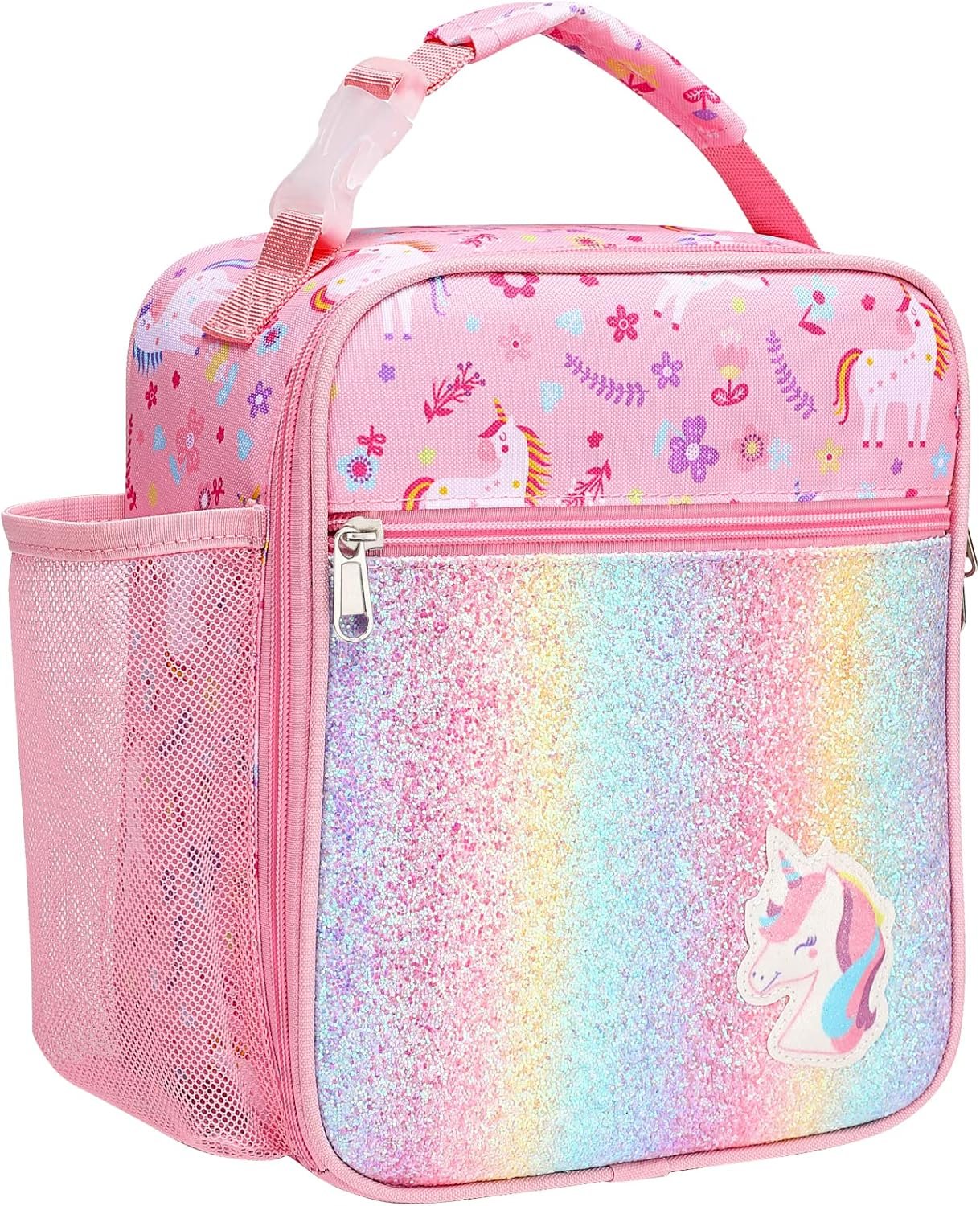 Bagseri Kids Lunch Box for Girls – Insulated Toddler Lunch Bag Fits Bento Box, Reusable Daycare Cooler Tote with Clip Handle, Water-Resistant Lining, Glitter Pink Unicorn