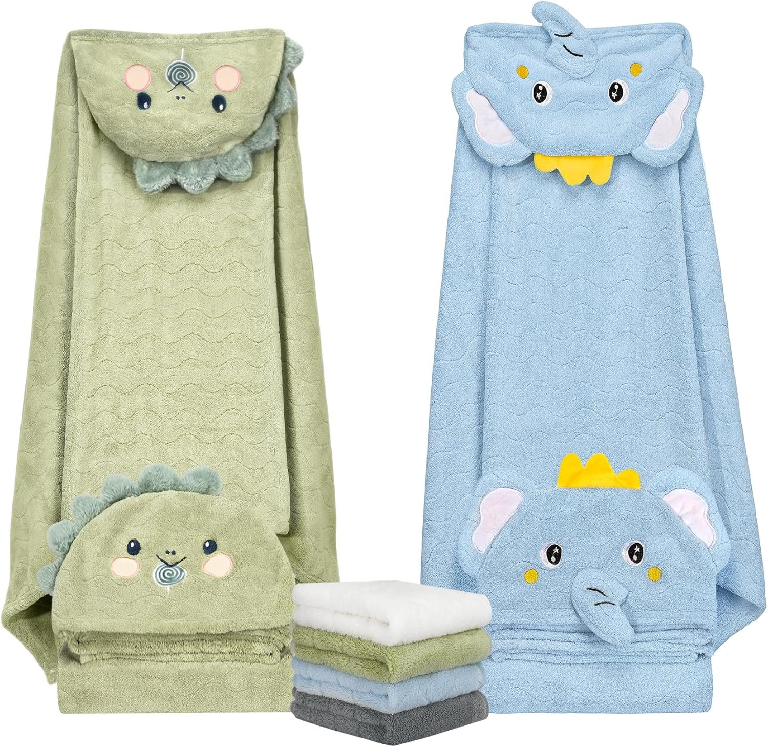 6 PCS Toddler Bath Towel Set for Boy Girl 0-5 Year, 2 PCS Thick Absorbent Hooded Baby Bath Towels Large 55″ x 27.5″ & 4 PCS Washcloths, Ultra Soft Gifts for Infant, Toddler, Kids, Dinosaur & Elephant