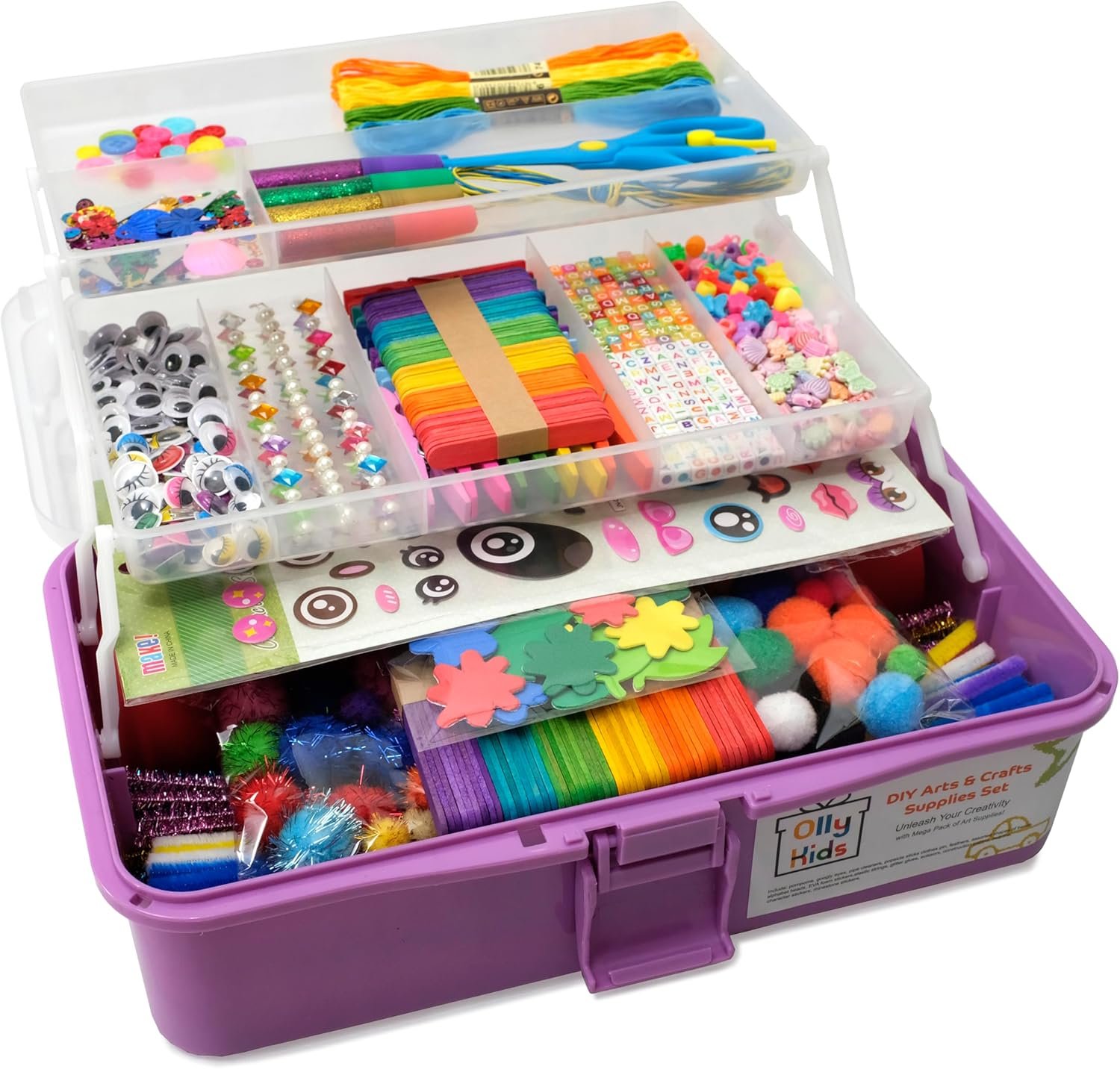 Olly Kids Arts and Crafts Supplies Set- 1000+ Pieces Giftable Craft Box for Kids: DIY Craft Supplies for Toddlers, School Project, and Homeschool