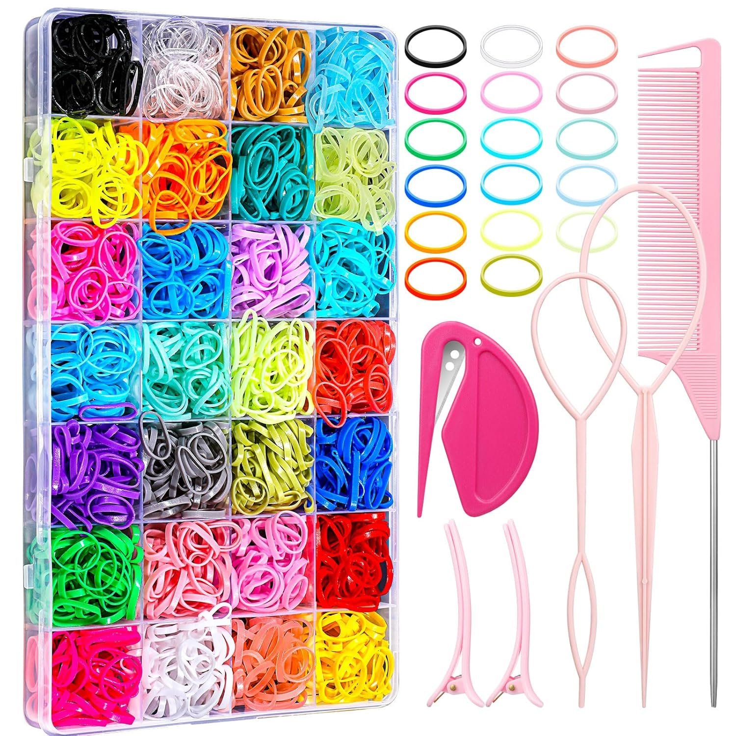 28 Colored Rubber Bands for Hair, 1500 Pcs Small Girls Elastic Ties With 6 Styling Tools – Colorful Accessories for Baby Toddlers Kids