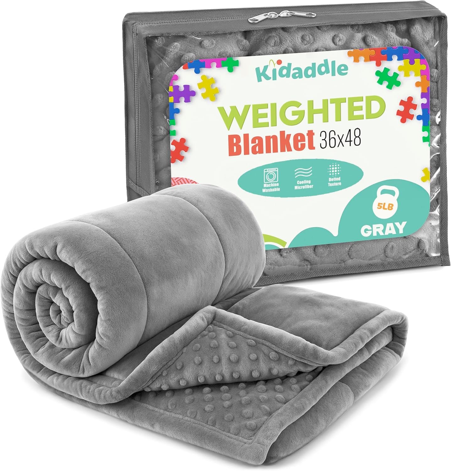 XL Weighted Blanket for Kids 5lb (Grey) 36×48 Inch, Plush Minky Kids Blanket with Travel Bag, Blanket for Ages 4 to 10
