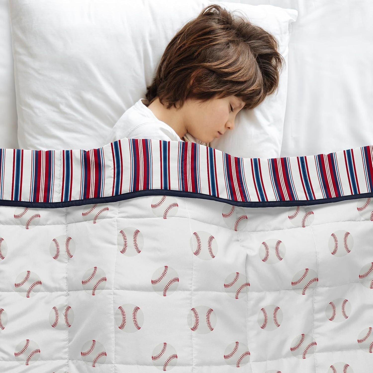 Sweet Jojo Designs Weighted Blanket Kids (Baseball Sports) for Boys, Small Size Throw Lap Pad Washable 5 pounds (Red, White & Blue Stripes, Striped for the Americana Sport, Base Ball Patch Collection)