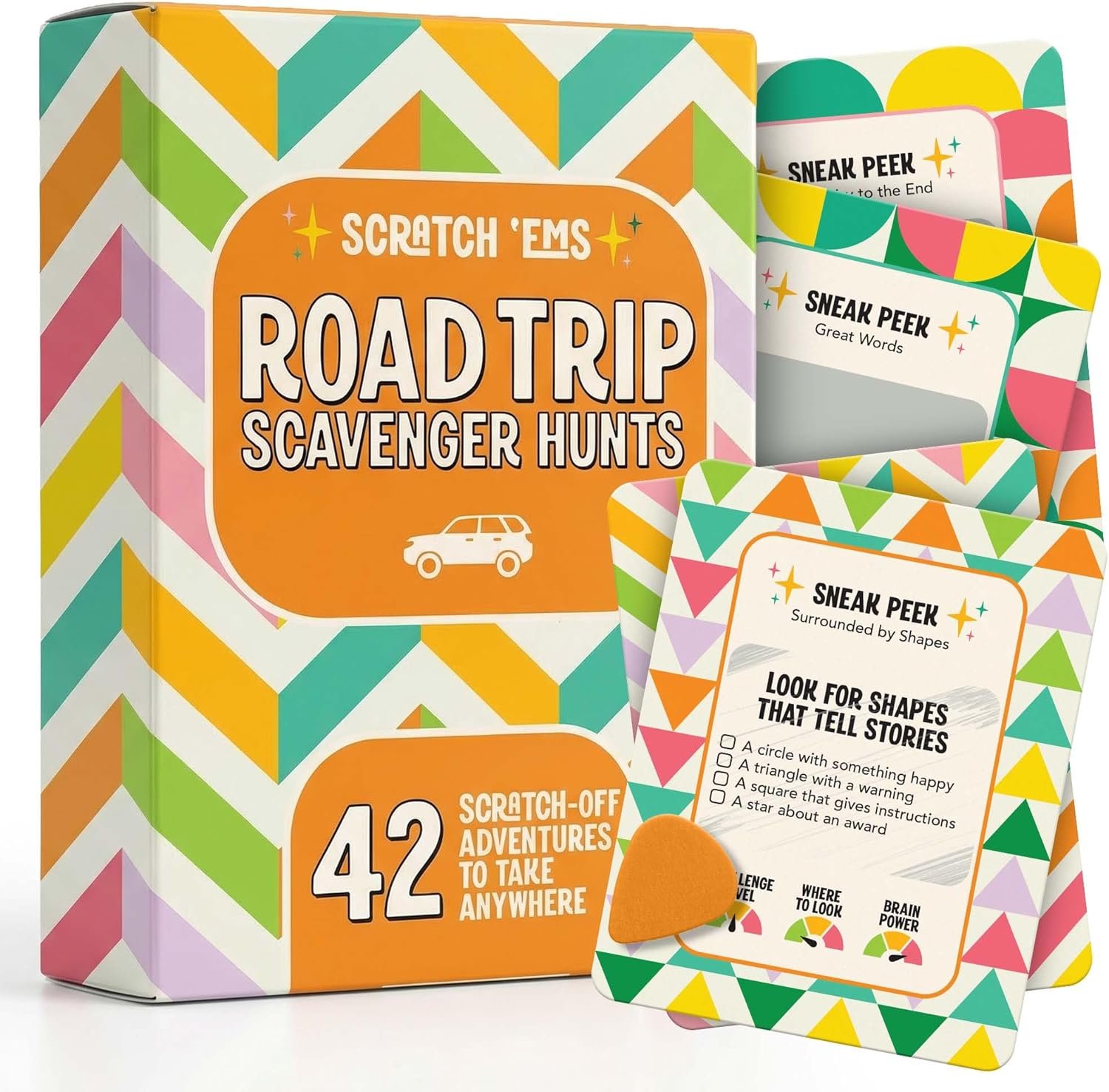 Scratch ‘Ems Road Trip Scavenger Hunt Cards with 42 Reusable Scratch Off Travel Games for Kids & Families, Road Trip Essentials for Screen-Free Car Adventures