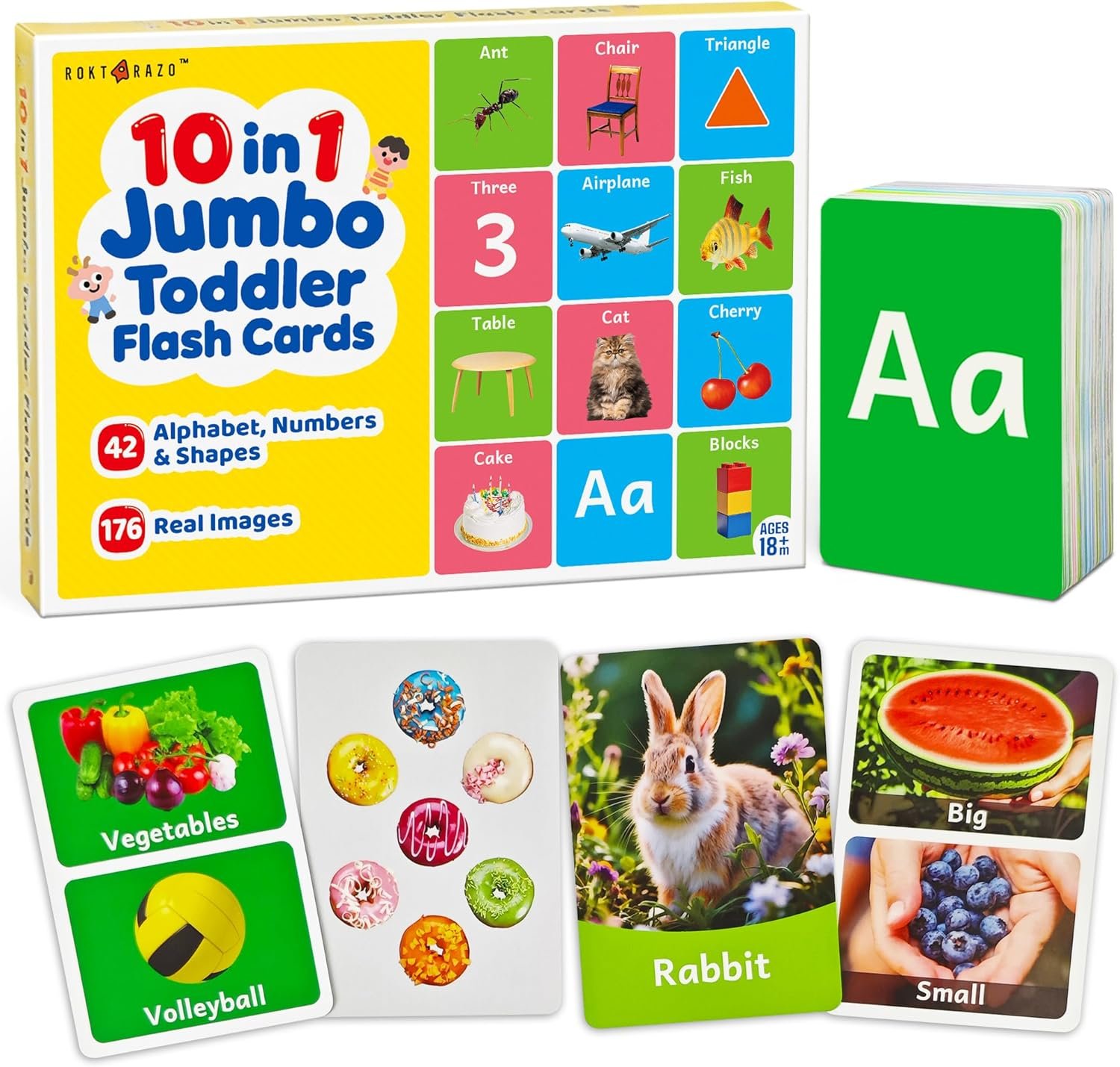 rokt&razo 96 Jumbo Toddler Flash Cards, 10 Topics, 176 Real Images | Alphabet, Numbers, Colors, Shapes & Daily Objects, Fruits – Learning Activities for Ages 1-3, Preschool Educational Tool