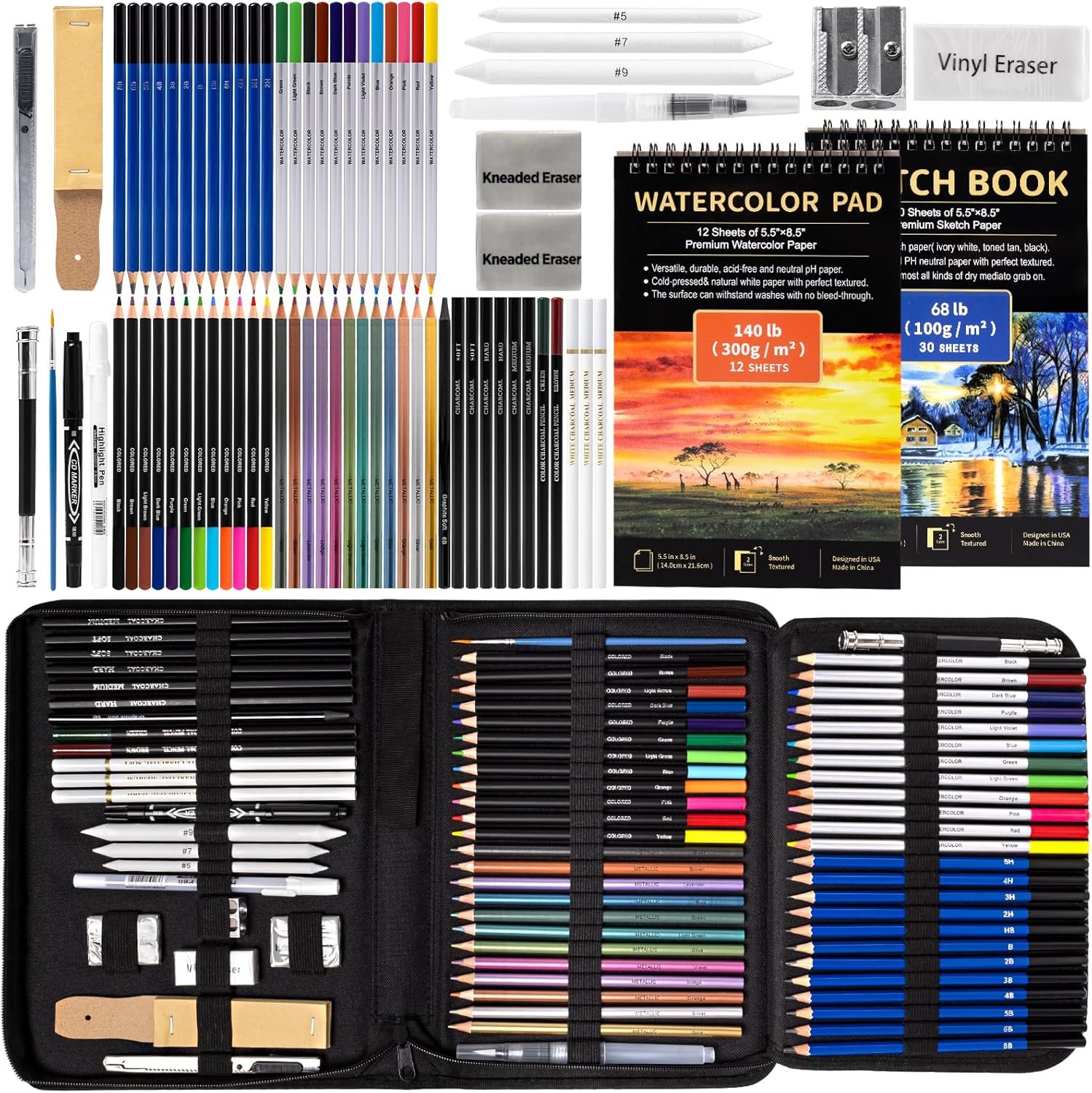 Drawdart Art Supplies Drawing Pencils Set – 76 Pack Pro Sketching Kit with Sketchbook & Watercolor Pad, Includes Graphite, Charcoal, Watercolor & Metallic Pencils for Kids, Teens, Adults