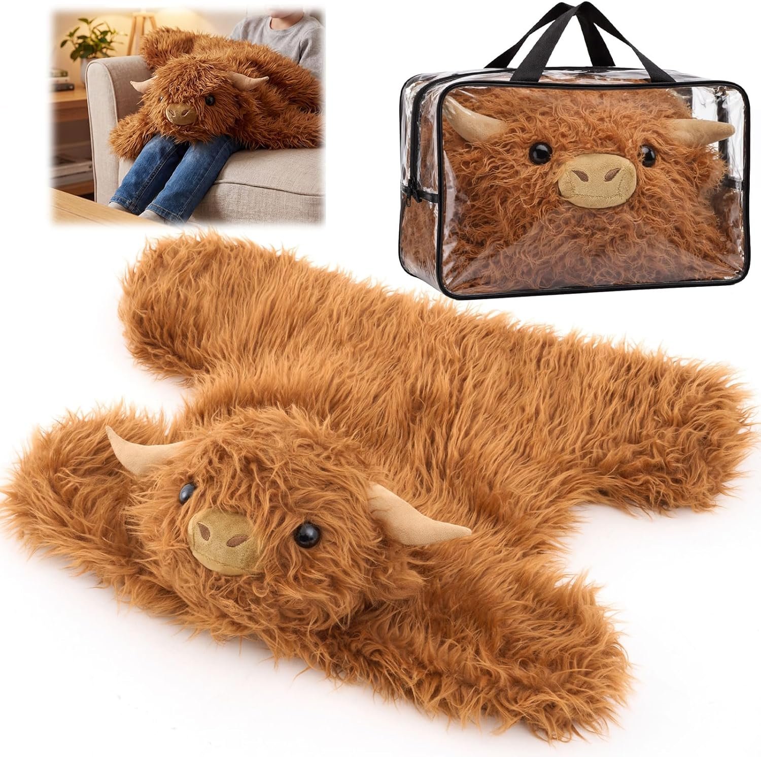 Yunsailing Animal Weighted Lap Pad Stuffed Highland Cow, 5lbs Sensory Weighted Animal Blanket Lap Pad for Relaxation, Calming, Napping, Sleeping, Travel, Office, Home, Highland Cow Lovers Gift