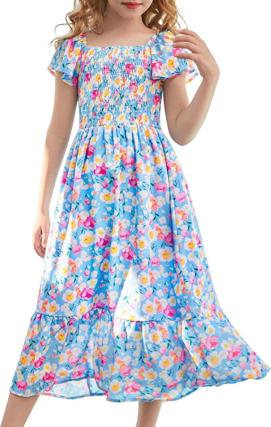 GRACE KARIN Girls Flutter Sleeve Floral Dresses Girl Long Midi Spring Dress Kids Smocked Flare Summer Dress 6-16Y