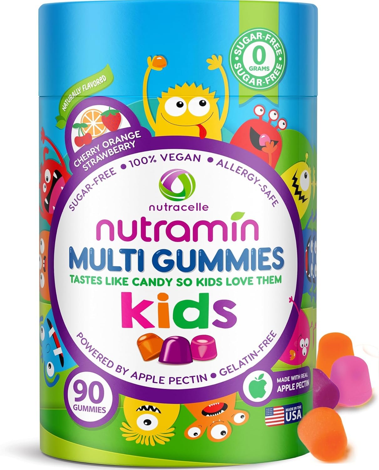 Nutracelle NUTRAMIN Sugar-Free, Allergen-Free 100% Vegan Gummy Multivitamins for Kids – Great Tasting Natural Gummies Your Kids Will Love – 90 Count Bottle