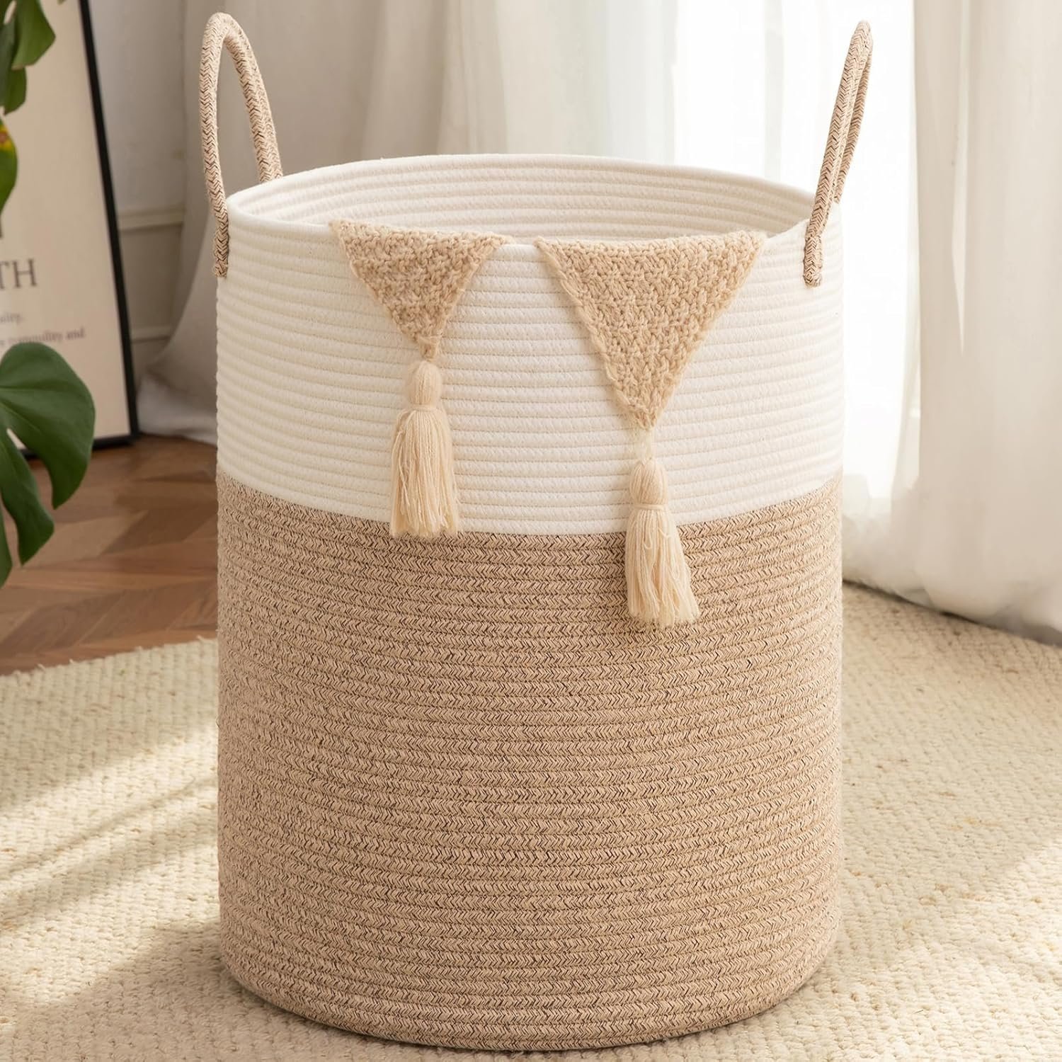 OIAHOMY Large Laundry Basket Hamper – 60L Cotton Rope Woven Basket for Blankets, Toys, Clothes – Tall Decorative Nursery Hamper with Long Handles, Brown/White
