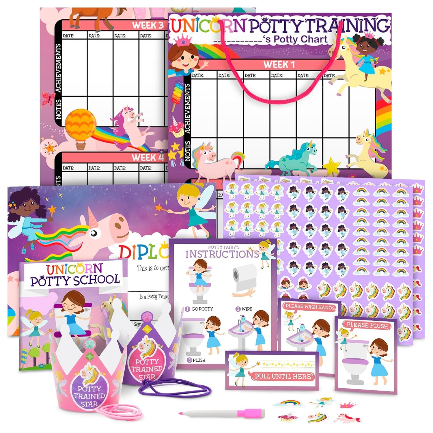 Potty Training Chart for Toddlers Girls, Unicorn Design – Sticker Chart, 4 Week Reward Chart – 213 Cute Stickers, Certificate, Instruction Booklet & Motivational Cards – Bonus Celebratory Crown