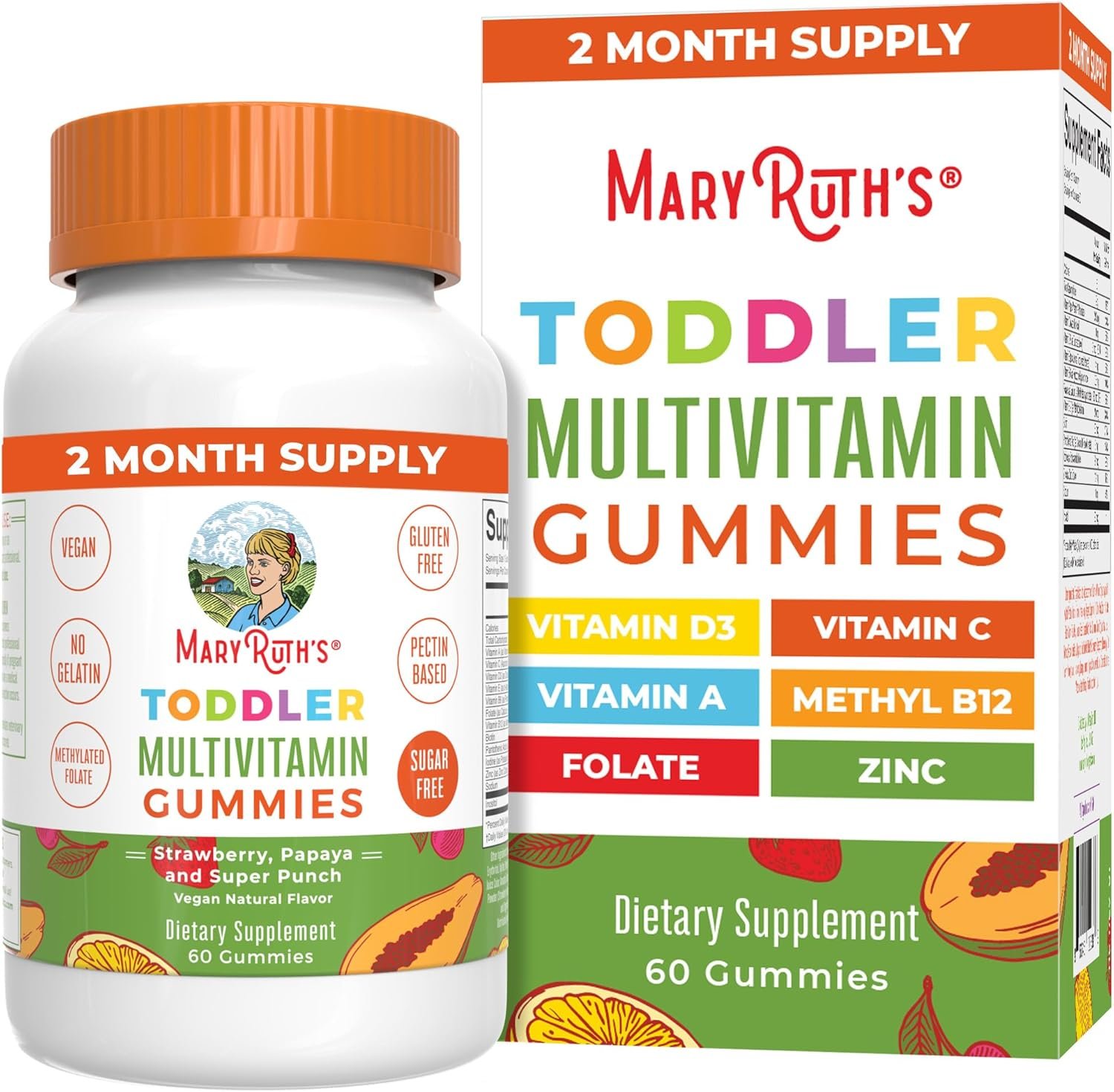 MARYRUTH’S Sugar Free Vitamin Gummies for Kids Age 2 | 2 Month Supply Multivitamin with Vitamin C, D3, Zinc | 1 Gummy Per Day | Toddler Vitamins | Sugar Free | Vegan | Non GMO | 60 Count