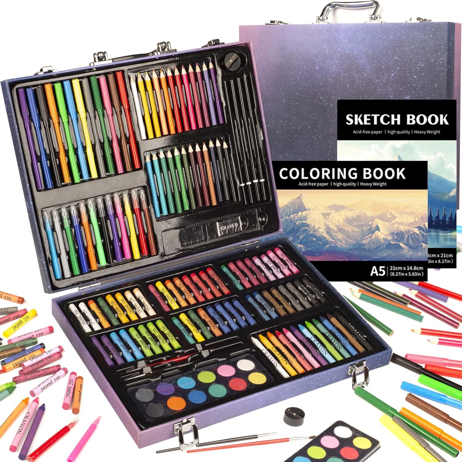 KINSPORY 150PC Art Set with Sketch Book, Coloring Art Kit Drawing Art Supplies Case, Markers Crayon Colour Pencils for Budding Artists Kids Teens Boys (Blue)
