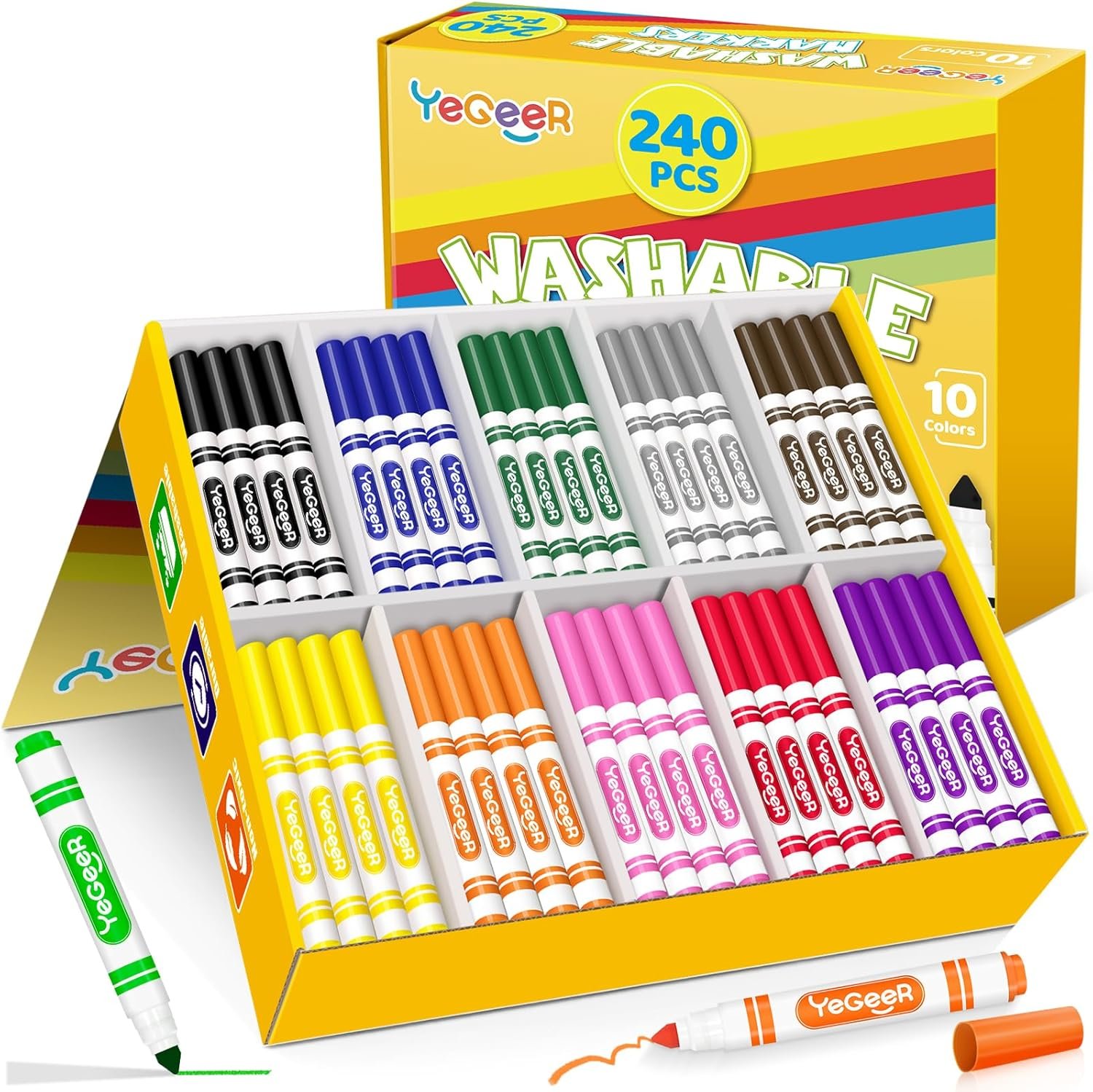 YEGEER Washable Markers Bulk, 10 Assorted Colors, 240 Count Washable Markers for Kids, School and Teacher Classroom Supplies, Coloring Marker for Ages 3+ Year Old Boys Girls