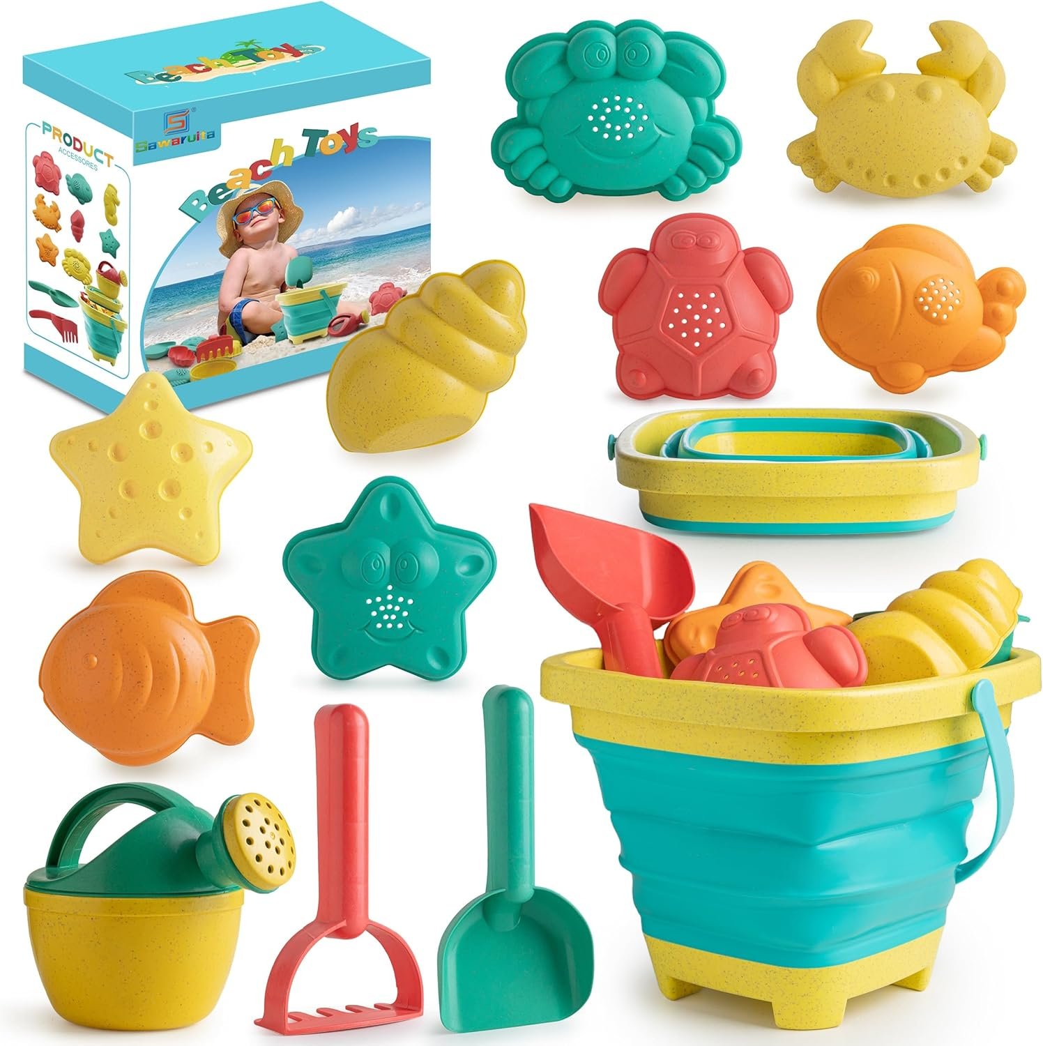 Sawaruita Beach Toys for Kids – Sand Toys Set Includes Collapsible Sand Bucket Shovel and Sand Rake Toy for Beach 12 PCS, Sandbox Toys Sandcastle Building Kit (A)