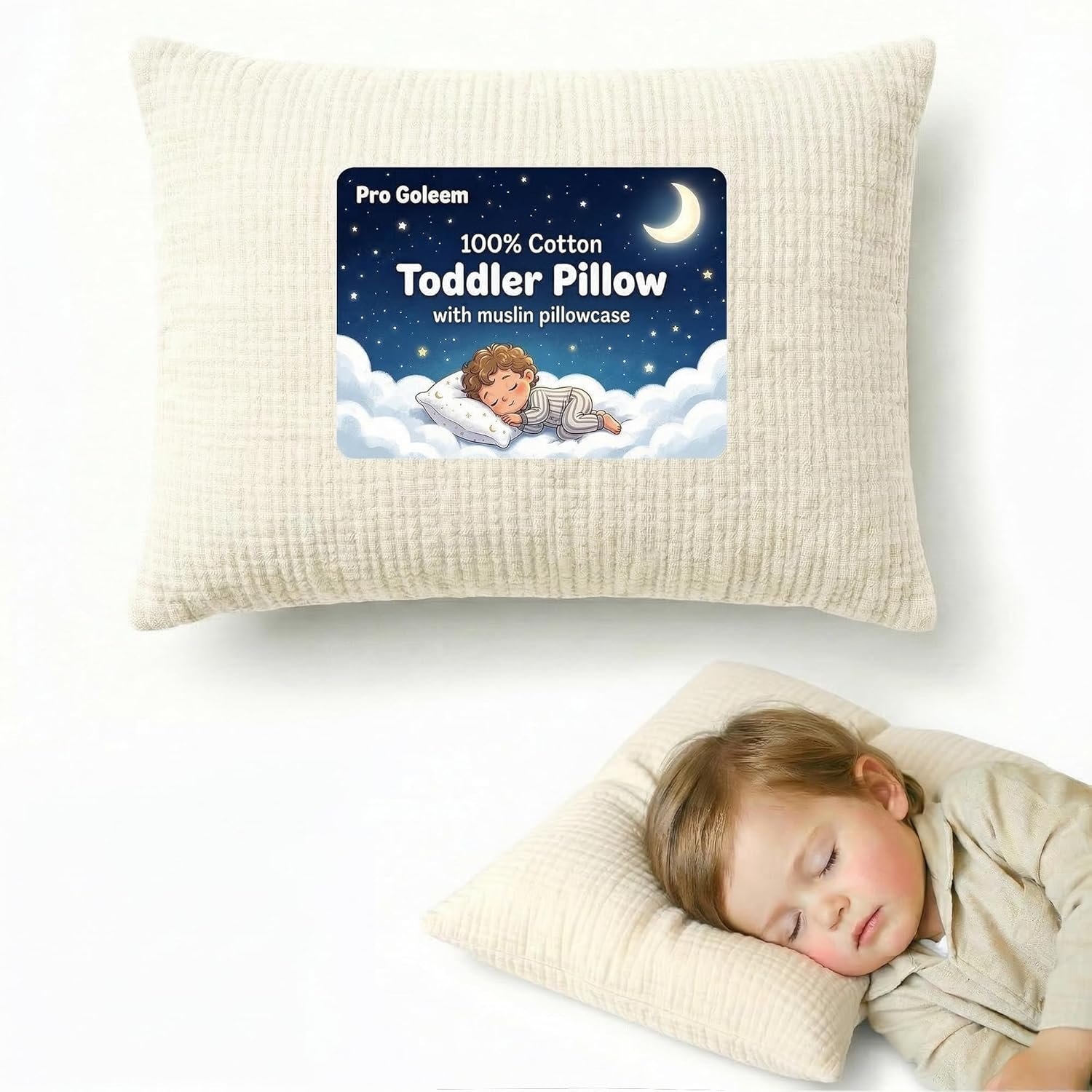 Pro Goleem Toddler Pillow with 100% Muslin Cotton Pillowcase – 13×18 Ultra Soft, Breathable & Machine Washable Kids Pillow for Sleeping, Travel, Daycare & Preschool Nap (Beige, Ages 2+)
