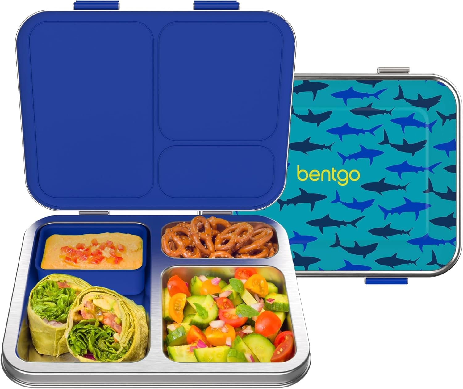 Bentgo Kids Stainless Steel Prints Leak-Resistant Lunch Box – 3-Compartments with Bonus Silicone Container, Durable, Eco-Friendly, Dishwasher Safe, BPA-Free, Ideal for School, Ages 3+ (Shark)